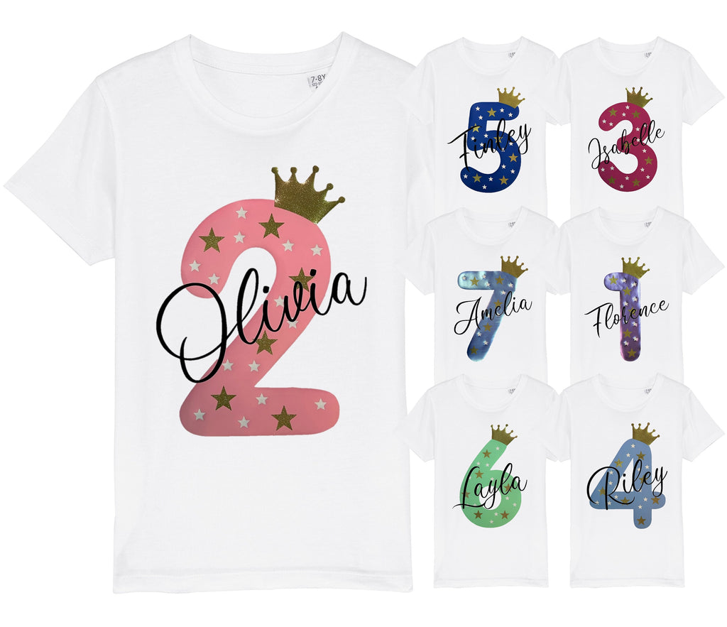 Kids Personalised Name & Age Glitter Birthday T-Shirt