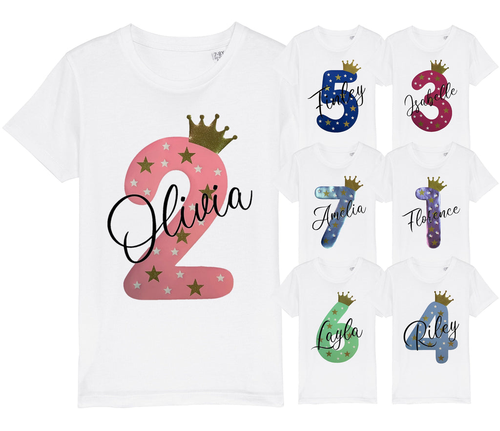 Kids Personalised Name & Age Glitter Birthday T-Shirt
