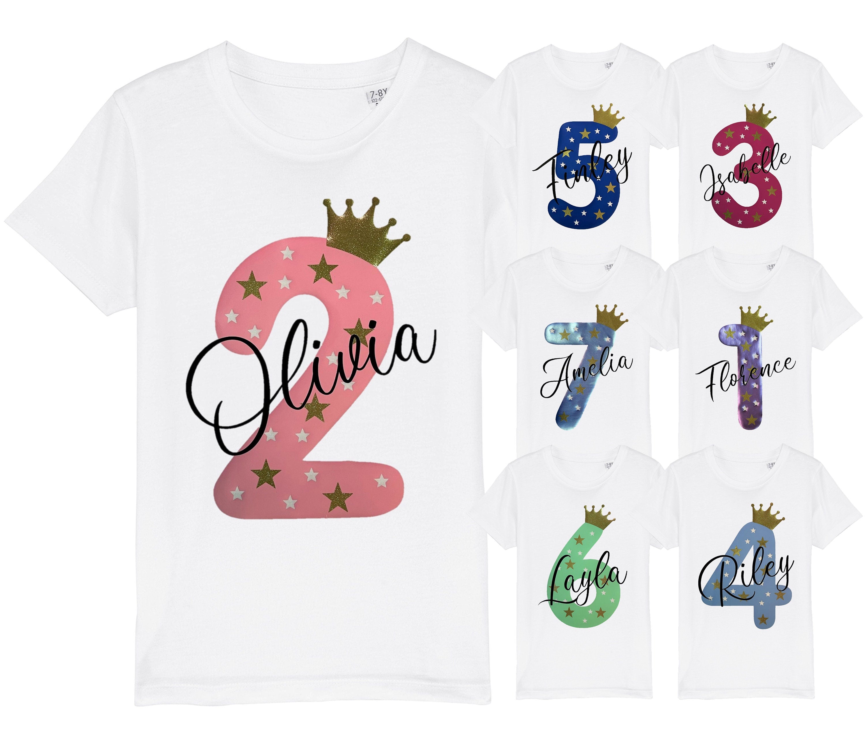 Kids Personalised Name & Age Glitter Birthday T-Shirt