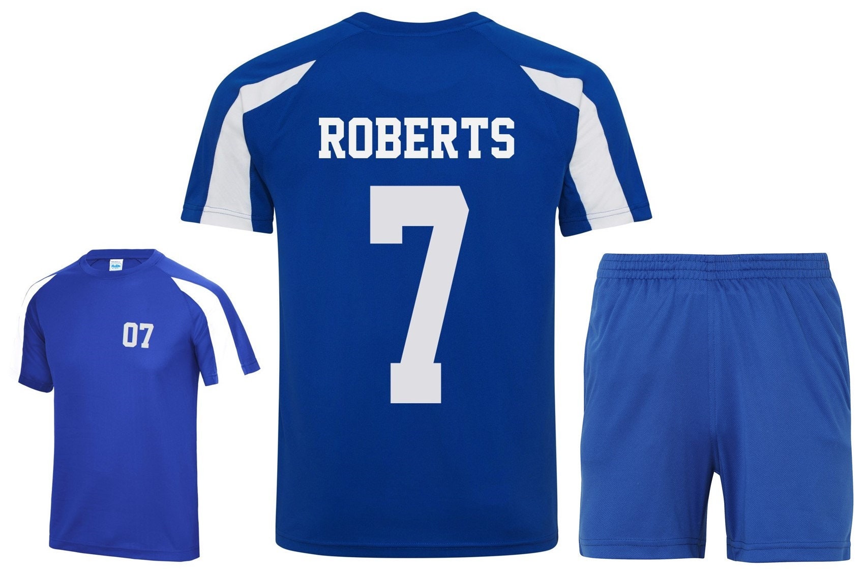 Kids Personalised Football Kit (T-Shirt & Shorts) Royal Blue/White