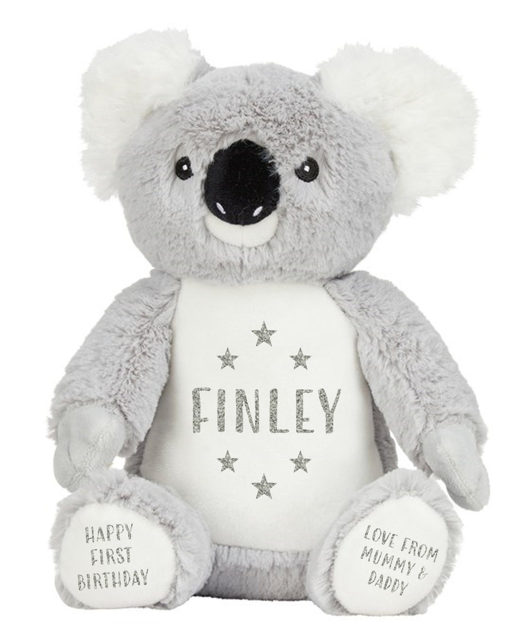 Personalised Grey Koala Bear Plush Cuddly Toy - Printed Name, Date of Birth, Welcome To The World, Happy 1st Birthday