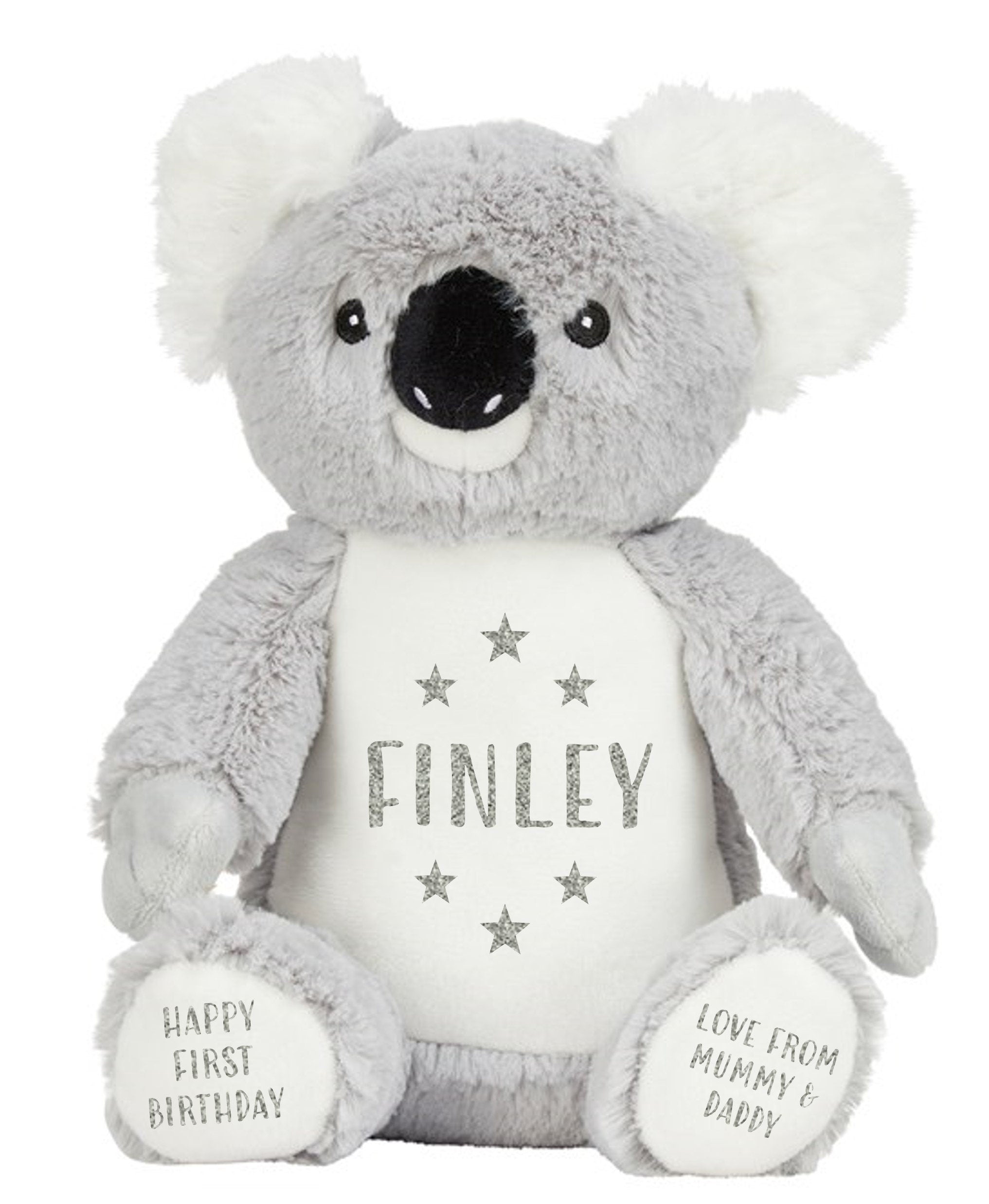 Personalised Grey Koala Bear Plush Cuddly Toy - Printed Name, Date of Birth, Welcome To The World, Happy 1st Birthday