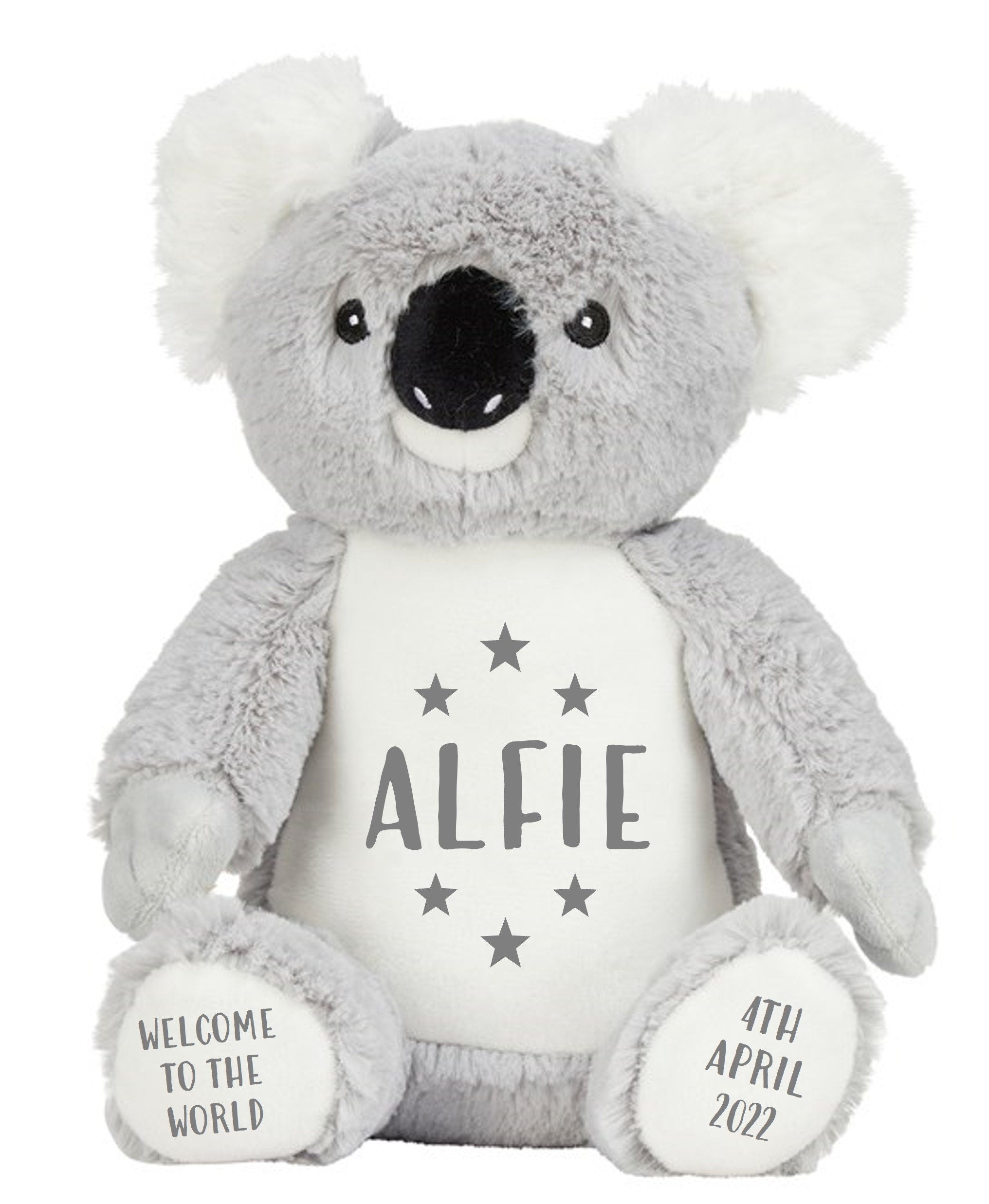 Personalised Grey Koala Bear Plush Cuddly Toy - Printed Name, Date of Birth, Welcome To The World, Happy 1st Birthday