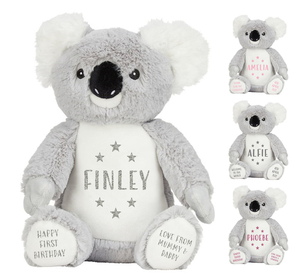Personalised Grey Koala Bear Plush Cuddly Toy - Printed Name, Date of Birth, Welcome To The World, Happy 1st Birthday