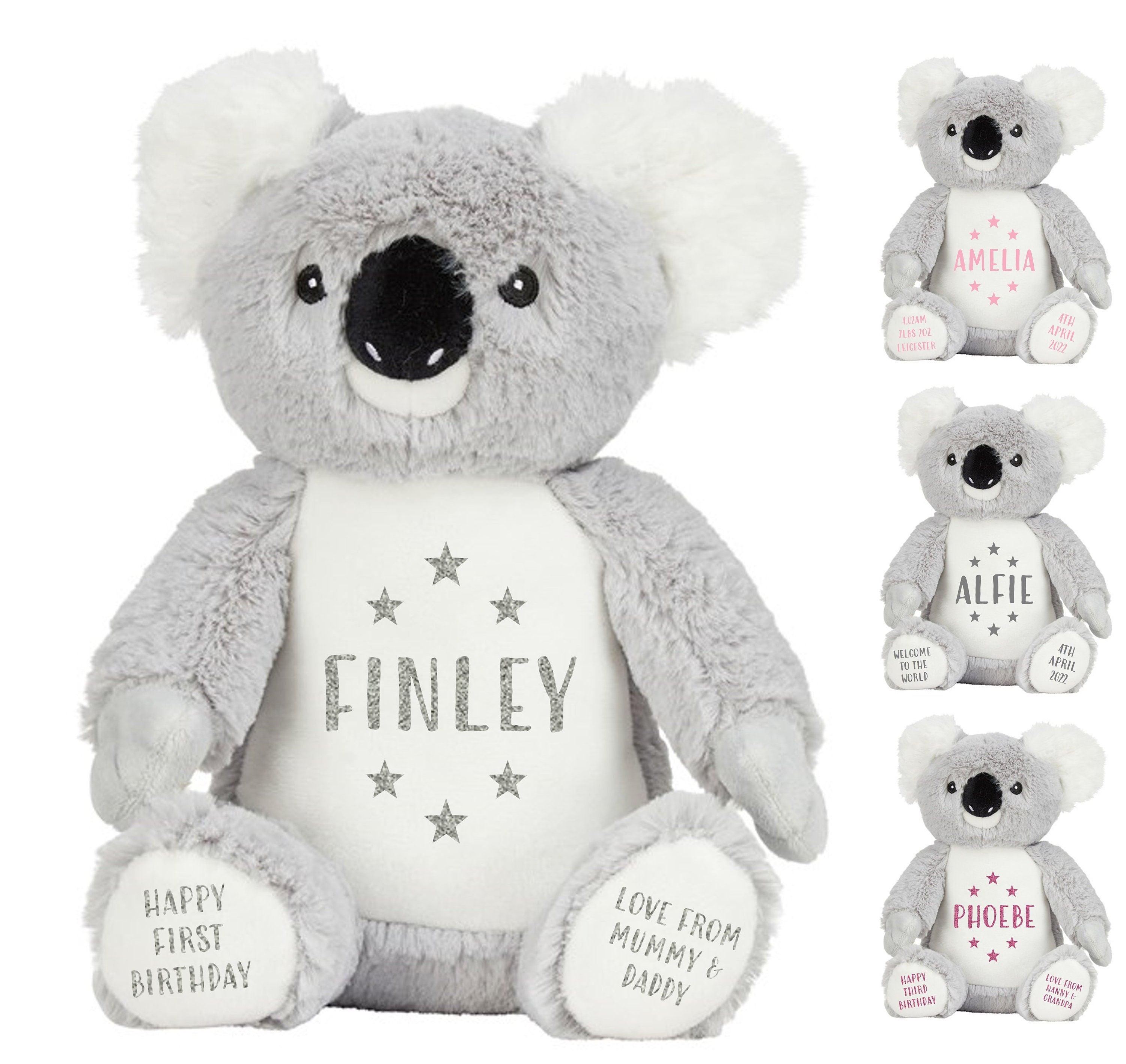 Personalised Grey Koala Bear Plush Cuddly Toy - Printed Name, Date of Birth, Welcome To The World, Happy 1st Birthday