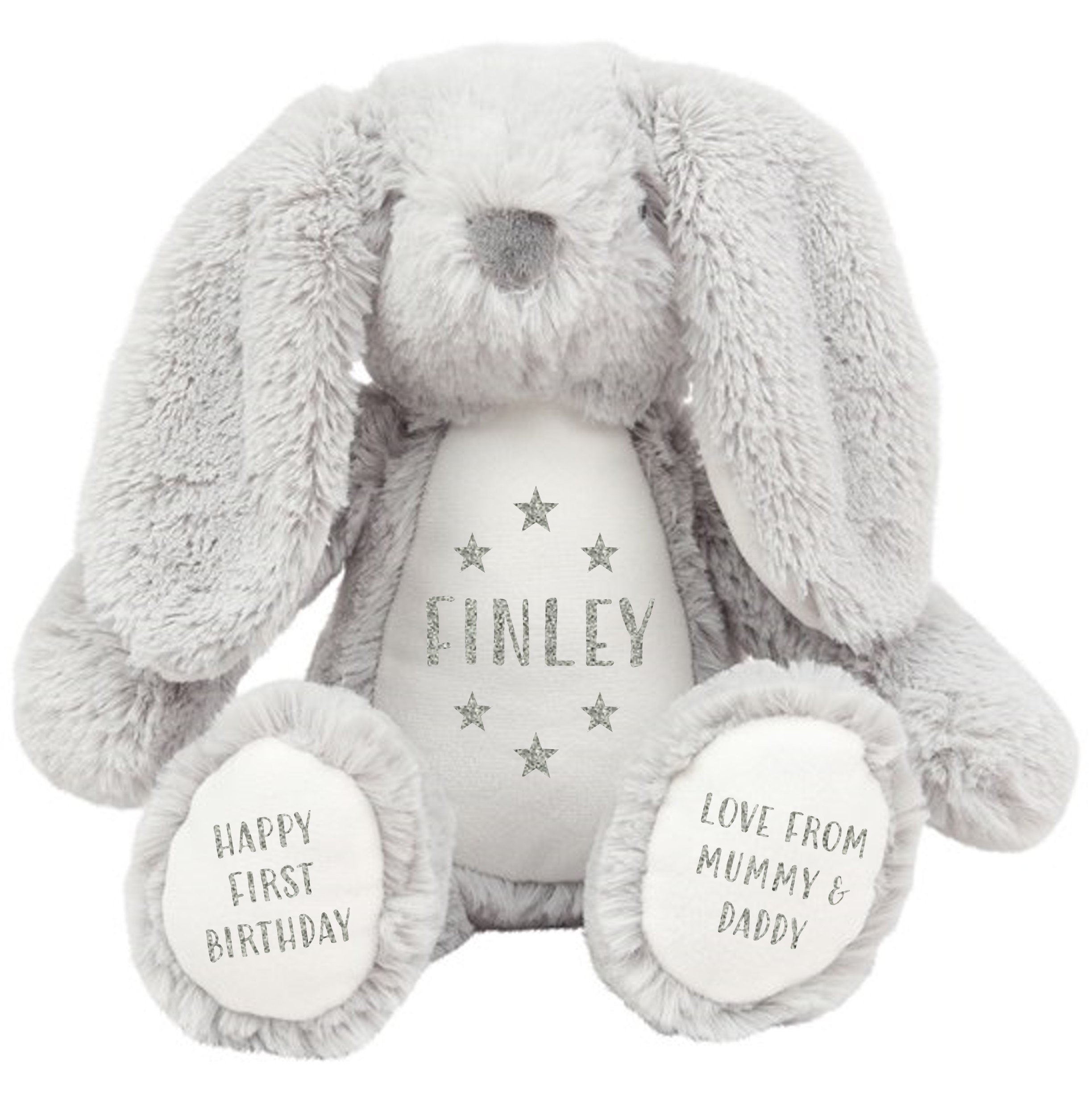 Personalised Grey Bunny Rabbit Plush Cuddly Toy - Printed Name, Date of Birth, Welcome To The World, Happy 1st Birthday