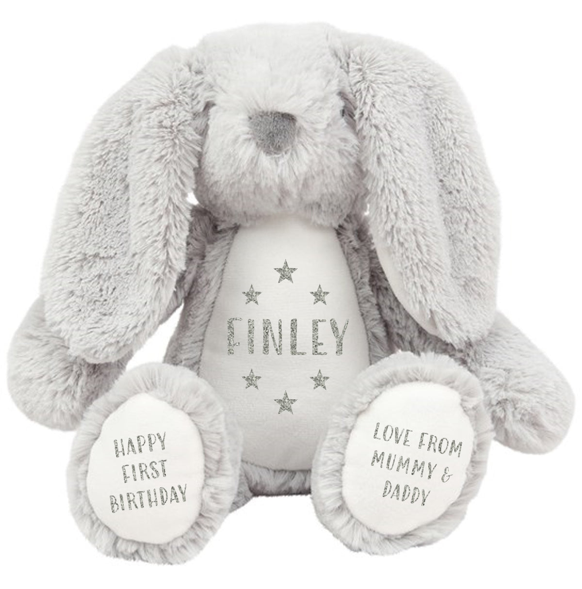 Personalised Grey Bunny Rabbit Plush Cuddly Toy - Printed Name, Date of Birth, Welcome To The World, Happy 1st Birthday