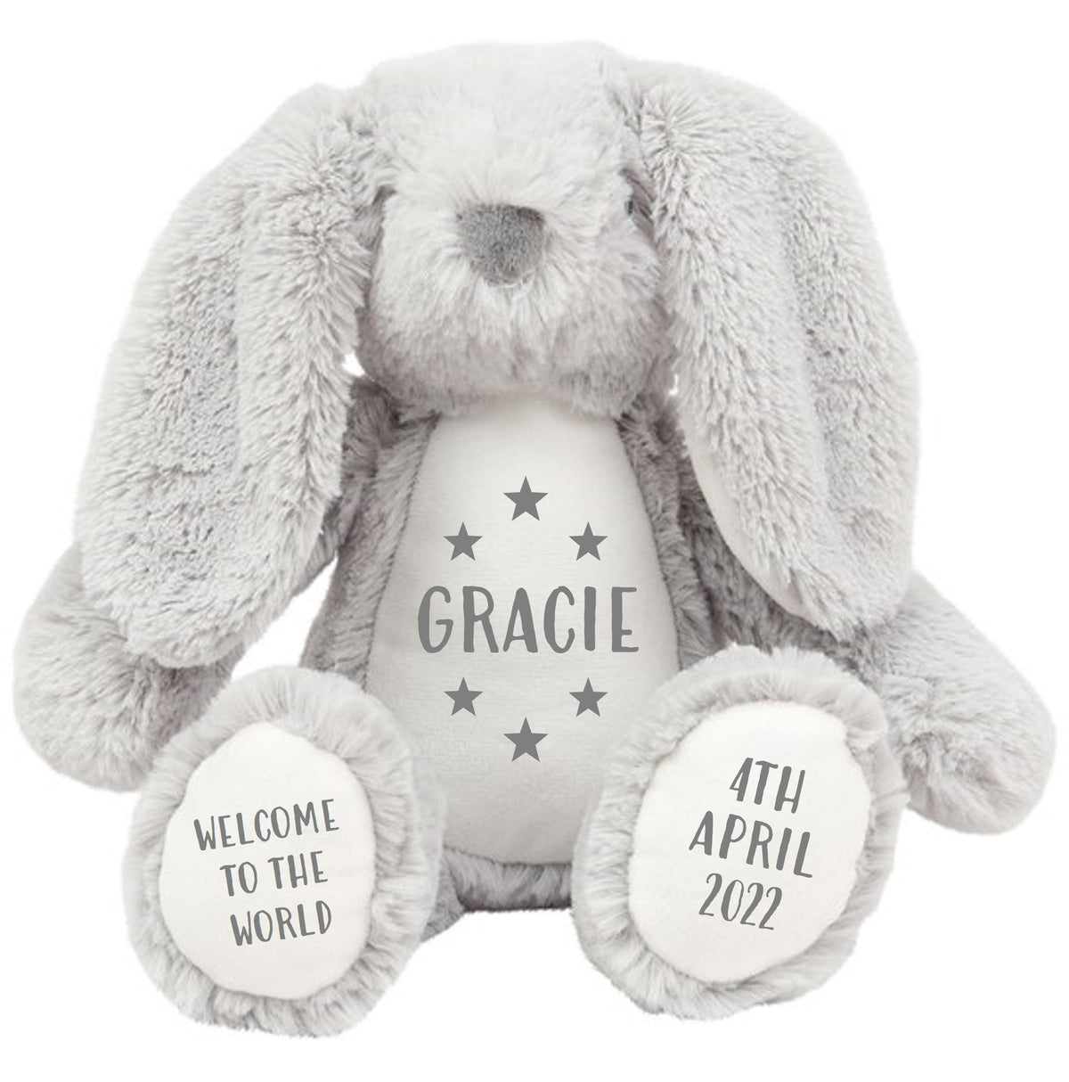 Personalised Grey Bunny Rabbit Plush Cuddly Toy - Printed Name, Date of Birth, Welcome To The World, Happy 1st Birthday