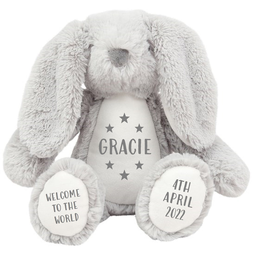 Personalised Grey Bunny Rabbit Plush Cuddly Toy - Printed Name, Date of Birth, Welcome To The World, Happy 1st Birthday