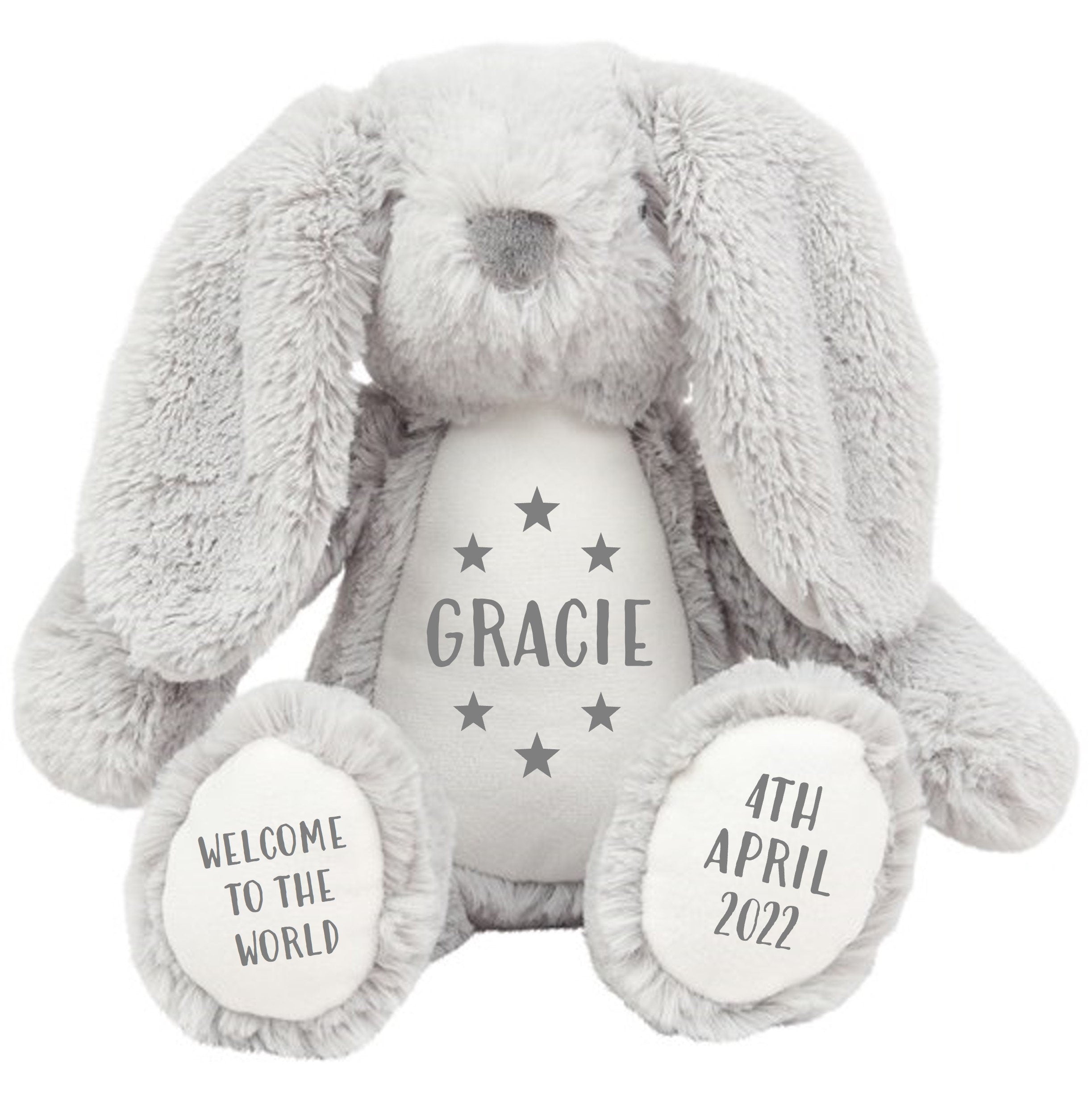 Personalised Grey Bunny Rabbit Plush Cuddly Toy - Printed Name, Date of Birth, Welcome To The World, Happy 1st Birthday