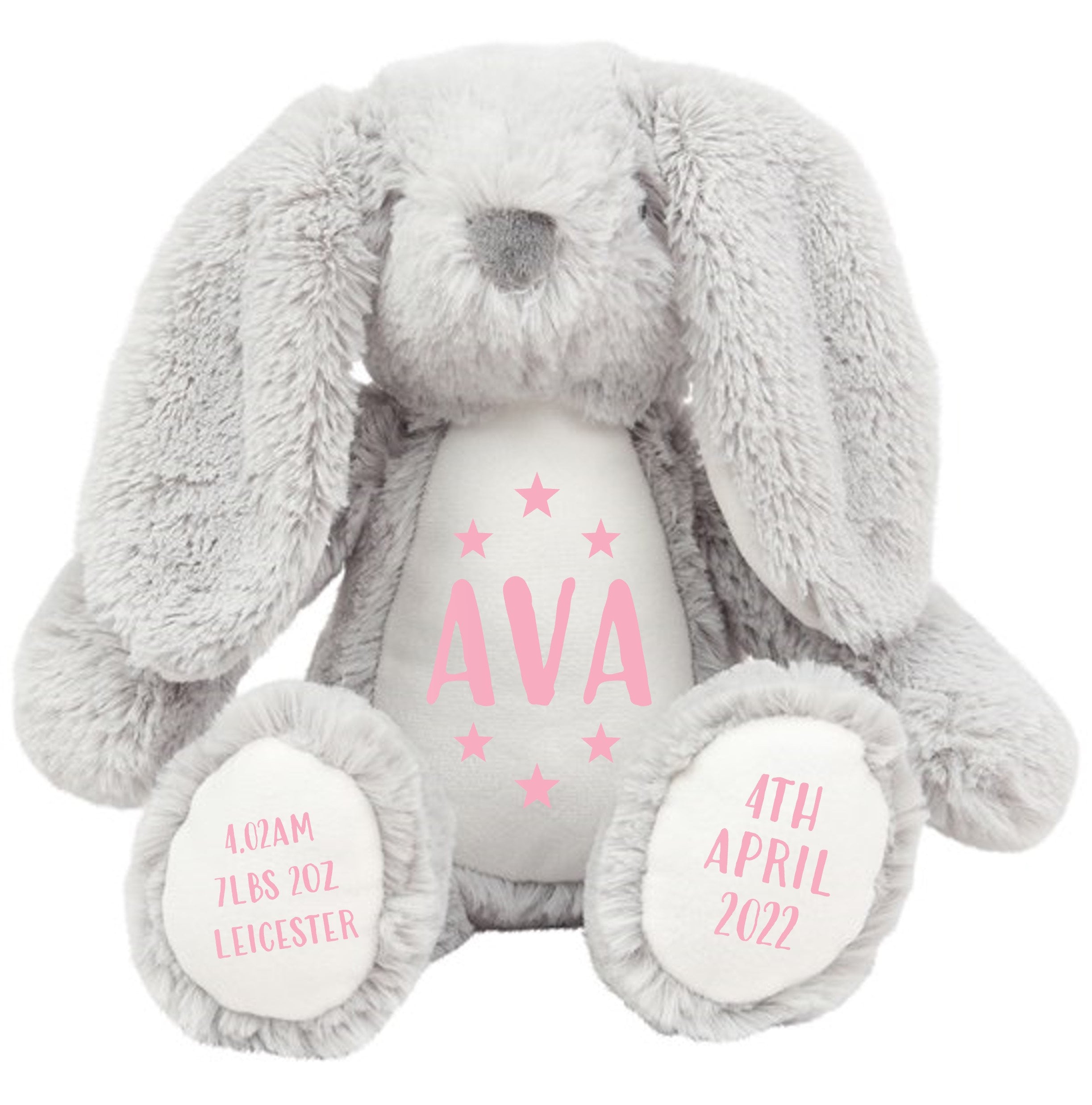 Personalised Grey Bunny Rabbit Plush Cuddly Toy - Printed Name, Date of Birth, Welcome To The World, Happy 1st Birthday