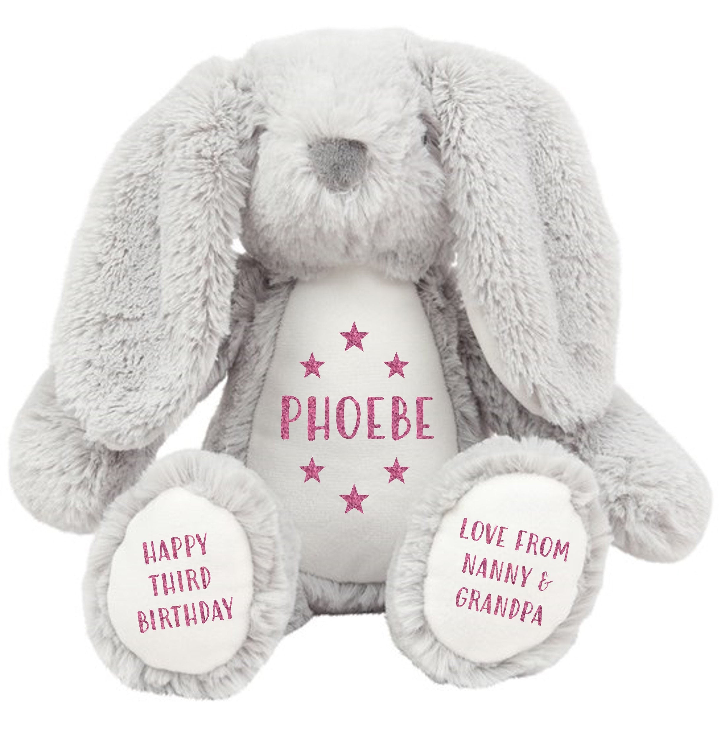 Personalised Grey Bunny Rabbit Plush Cuddly Toy - Printed Name, Date of Birth, Welcome To The World, Happy 1st Birthday