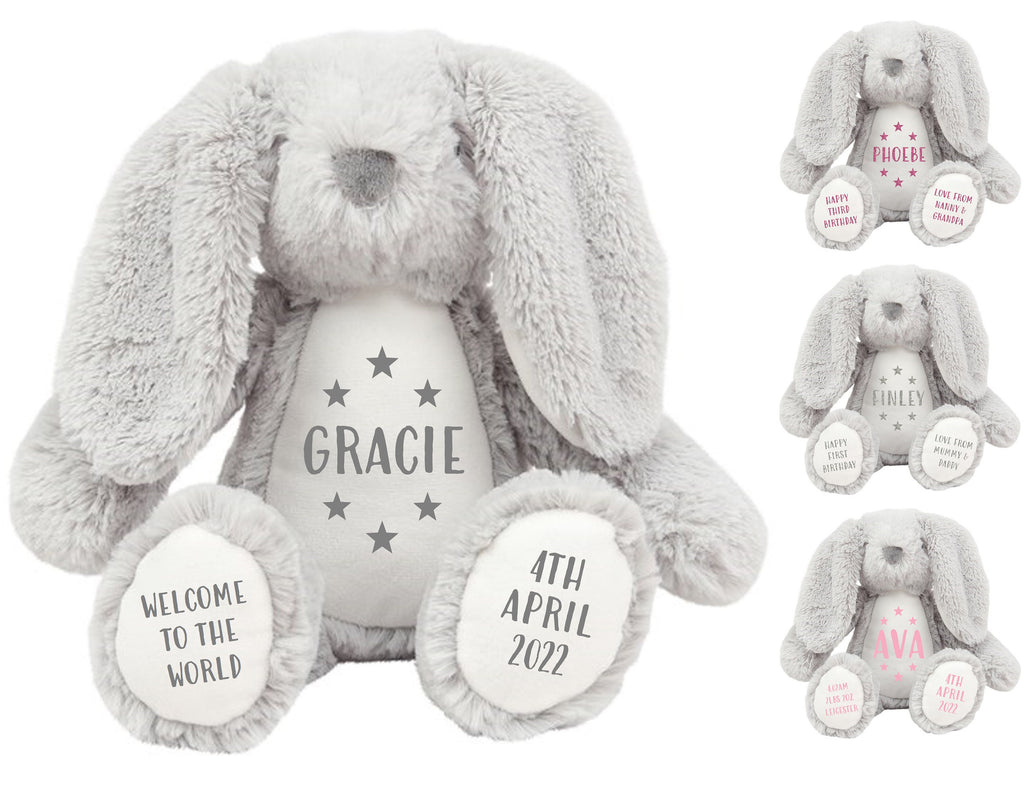 Personalised Grey Bunny Rabbit Plush Cuddly Toy - Printed Name, Date of Birth, Welcome To The World, Happy 1st Birthday