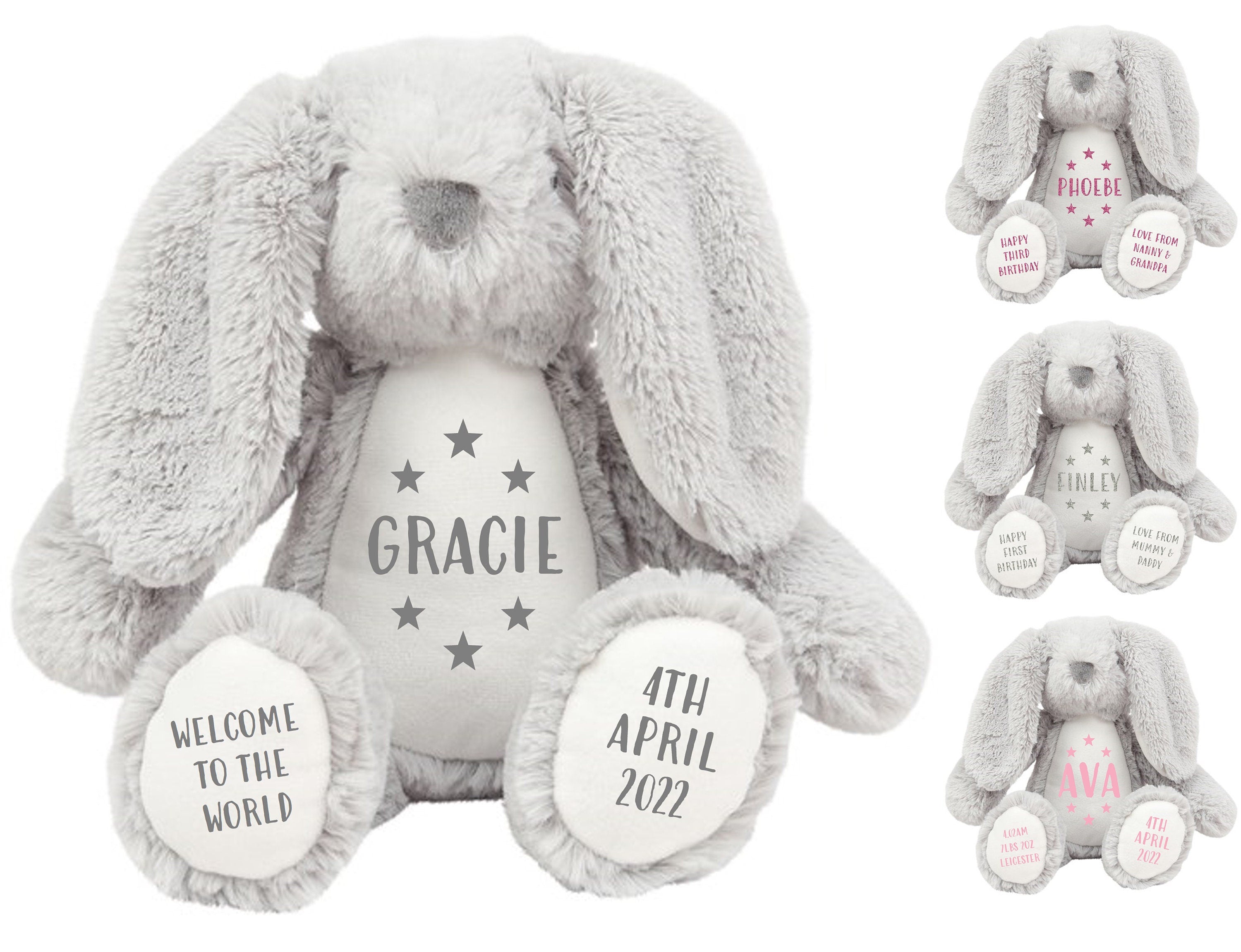 Personalised Grey Bunny Rabbit Plush Cuddly Toy - Printed Name, Date of Birth, Welcome To The World, Happy 1st Birthday