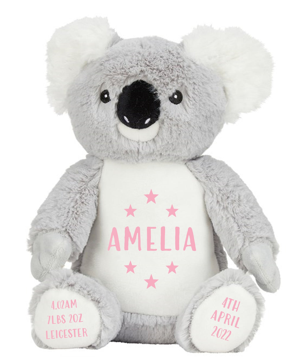 Personalised Grey Koala Bear Plush Cuddly Toy - Printed Name, Date of Birth, Welcome To The World, Happy 1st Birthday