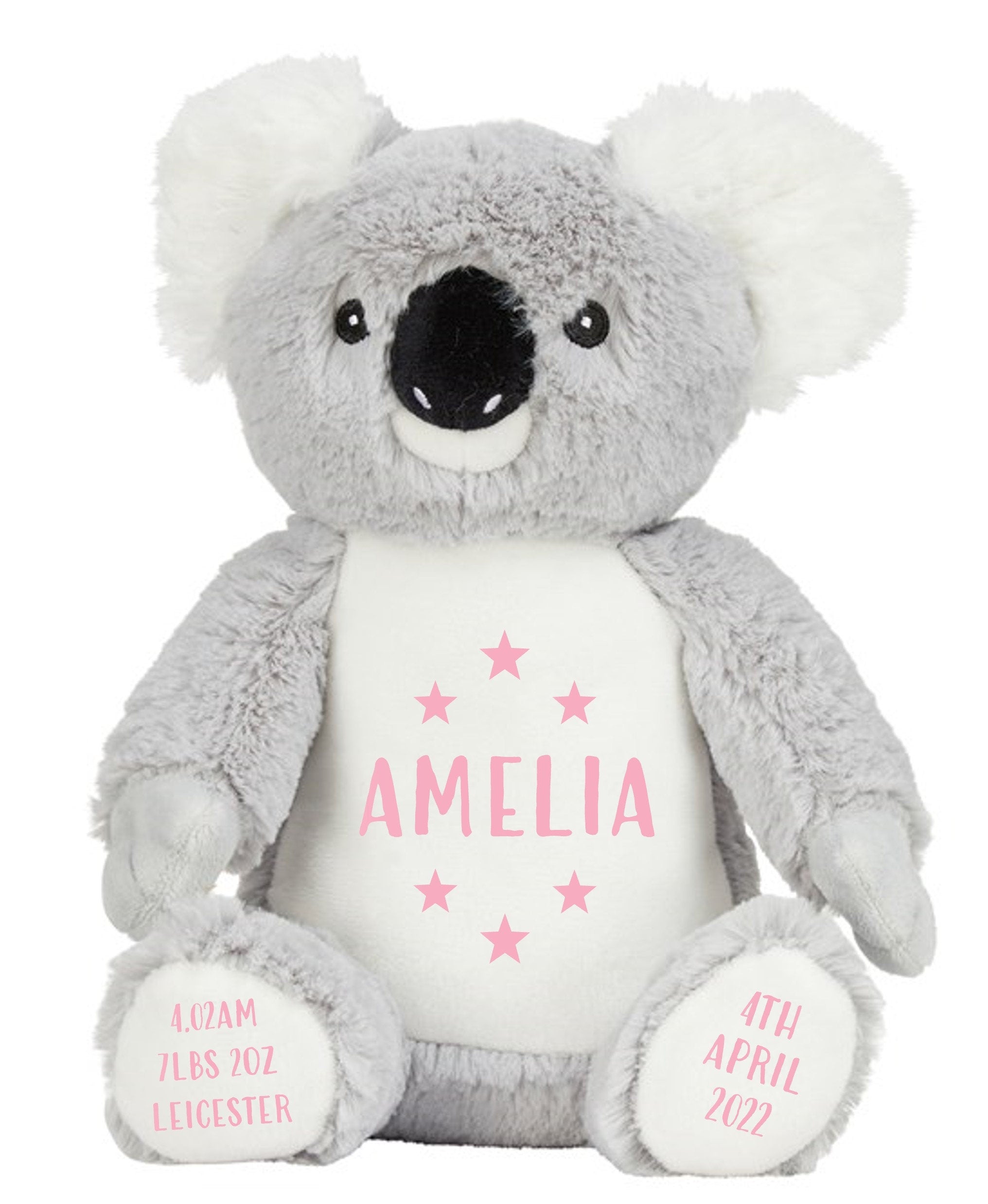 Personalised Grey Koala Bear Plush Cuddly Toy - Printed Name, Date of Birth, Welcome To The World, Happy 1st Birthday