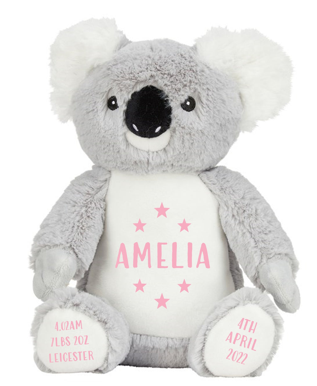 Personalised Grey Koala Bear Plush Cuddly Toy - Printed Name, Date of Birth, Welcome To The World, Happy 1st Birthday