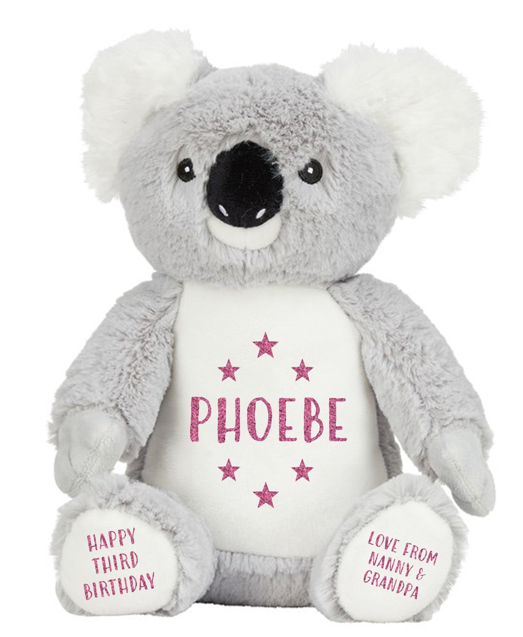 Personalised Grey Koala Bear Plush Cuddly Toy - Printed Name, Date of Birth, Welcome To The World, Happy 1st Birthday