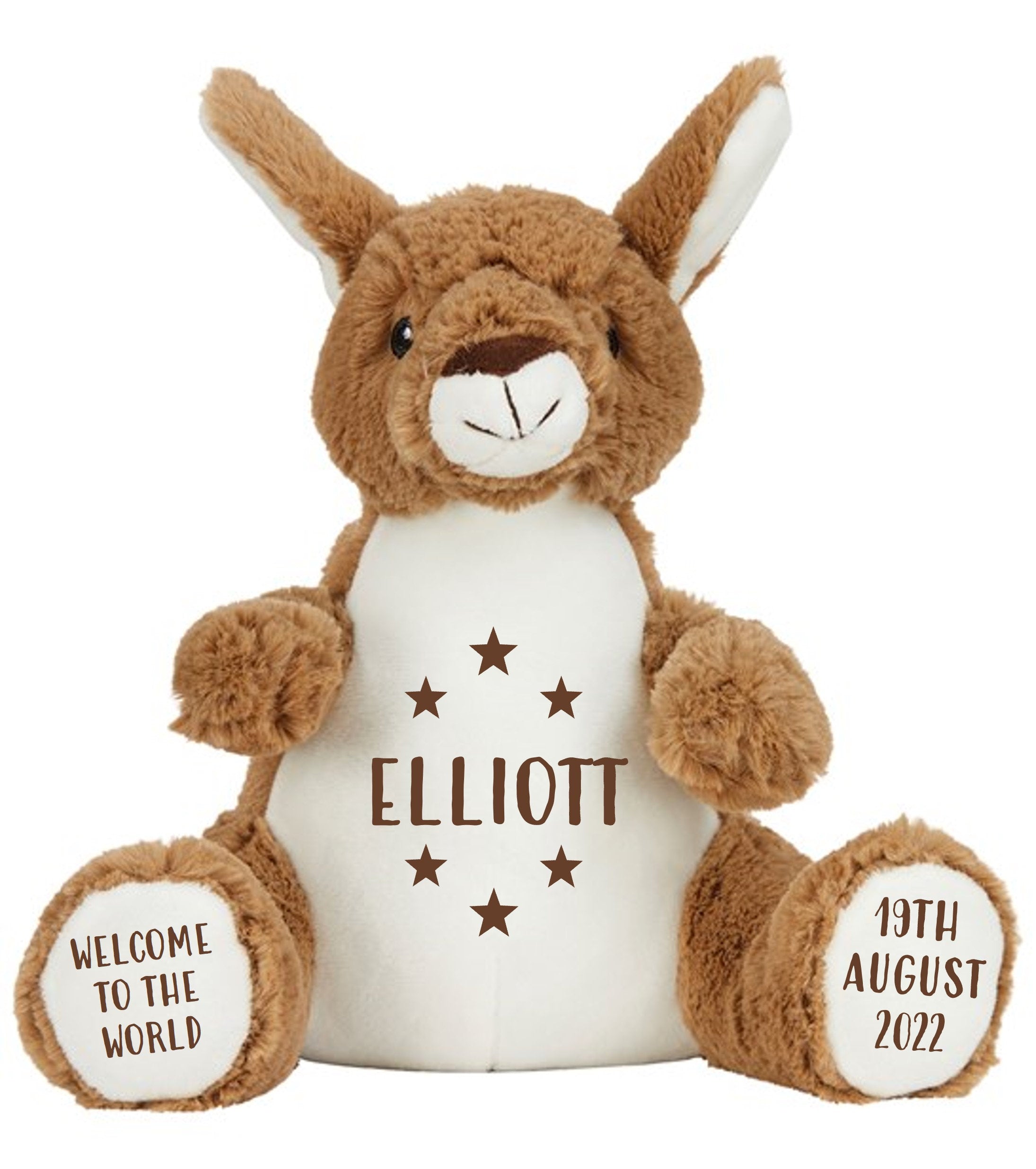 Personalised Brown Kangaroo Plush Cuddly Toy - Printed Name, Date of Birth, Welcome To The World, Happy 1st Birthday