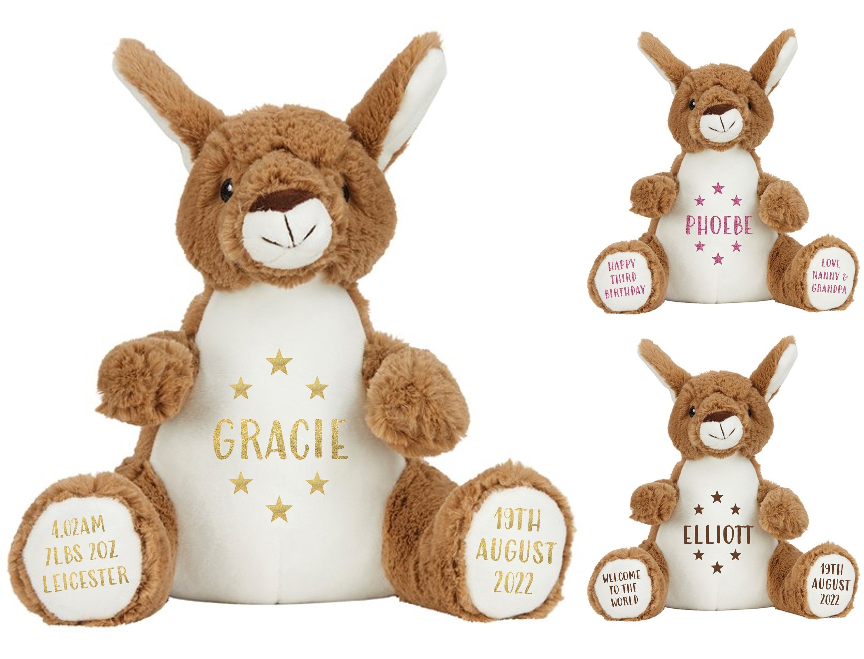 Personalised Brown Kangaroo Plush Cuddly Toy - Printed Name, Date of Birth, Welcome To The World, Happy 1st Birthday