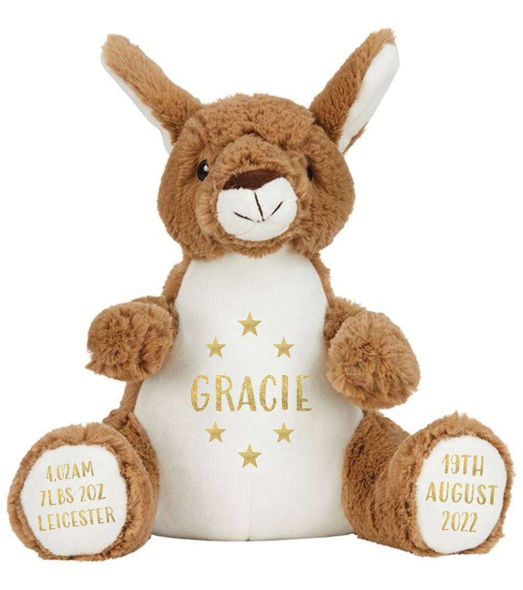 Personalised Brown Kangaroo Plush Cuddly Toy - Printed Name, Date of Birth, Welcome To The World, Happy 1st Birthday