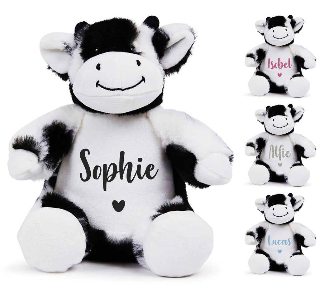 Personalised Name Black & White Cow Plush Cuddly Toy