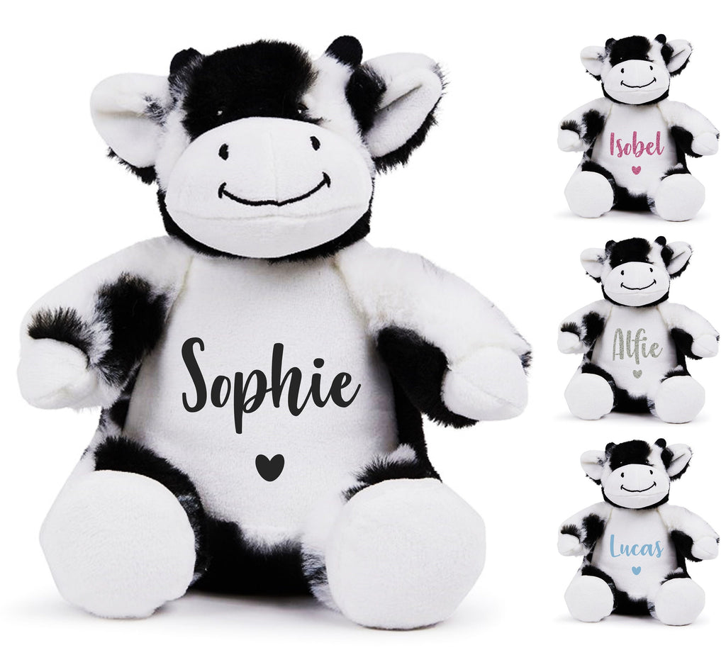 Personalised Name Black & White Cow Plush Cuddly Toy
