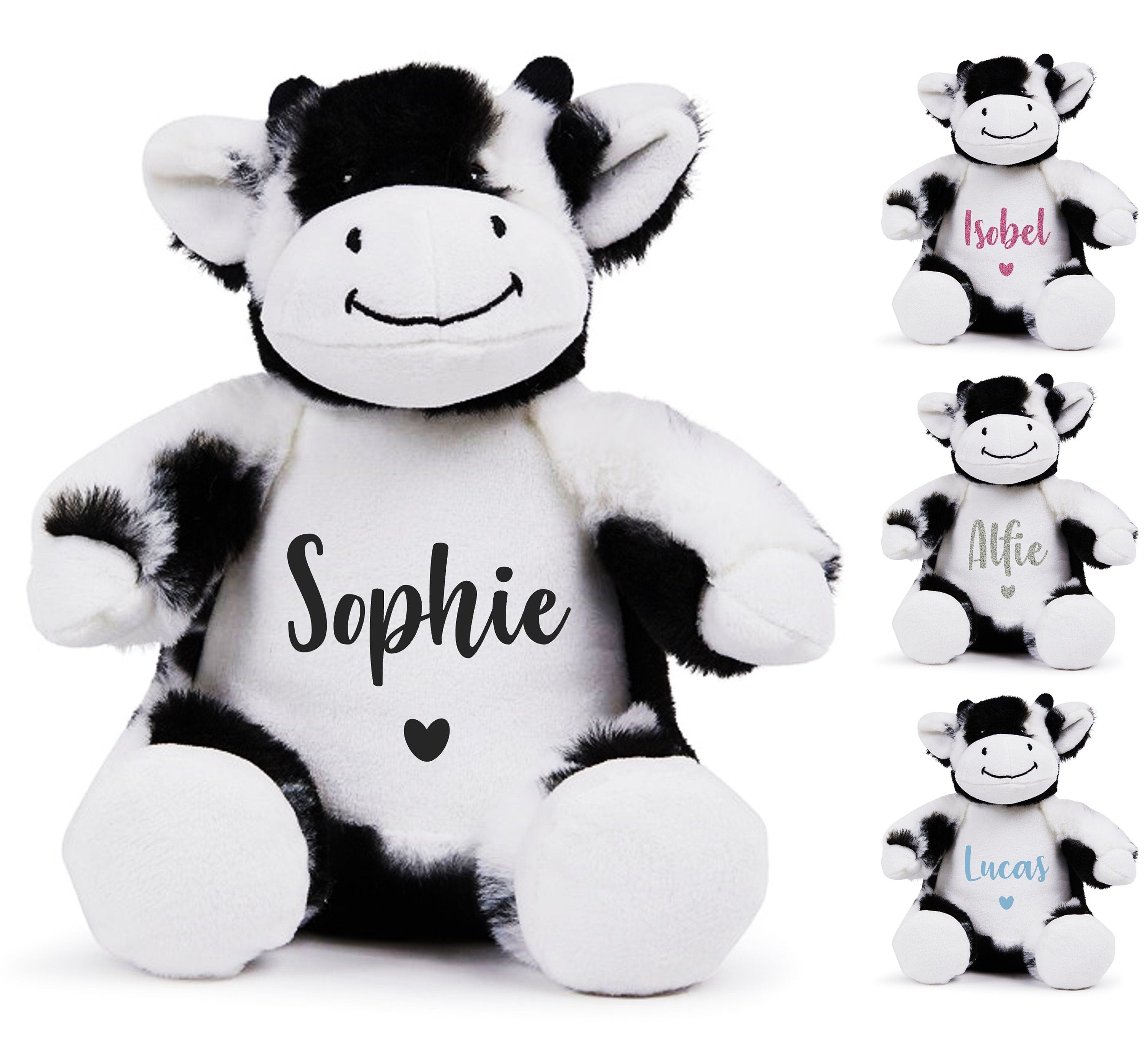 Personalised Name Black & White Cow Plush Cuddly Toy
