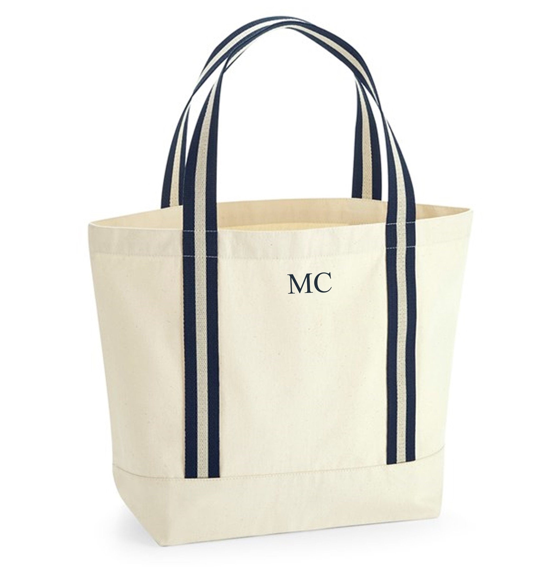 Personalised Initials Monogram Large Canvas Shopper Beach Bag Navy & Natural