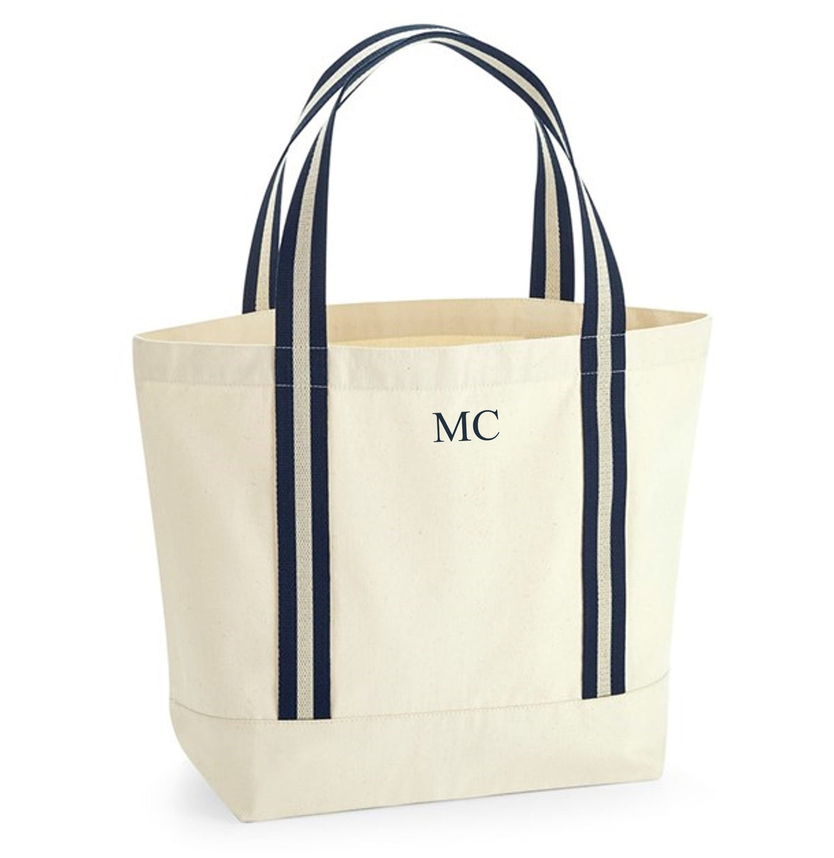 Personalised Initials Monogram Large Canvas Shopper Beach Bag Navy & Natural
