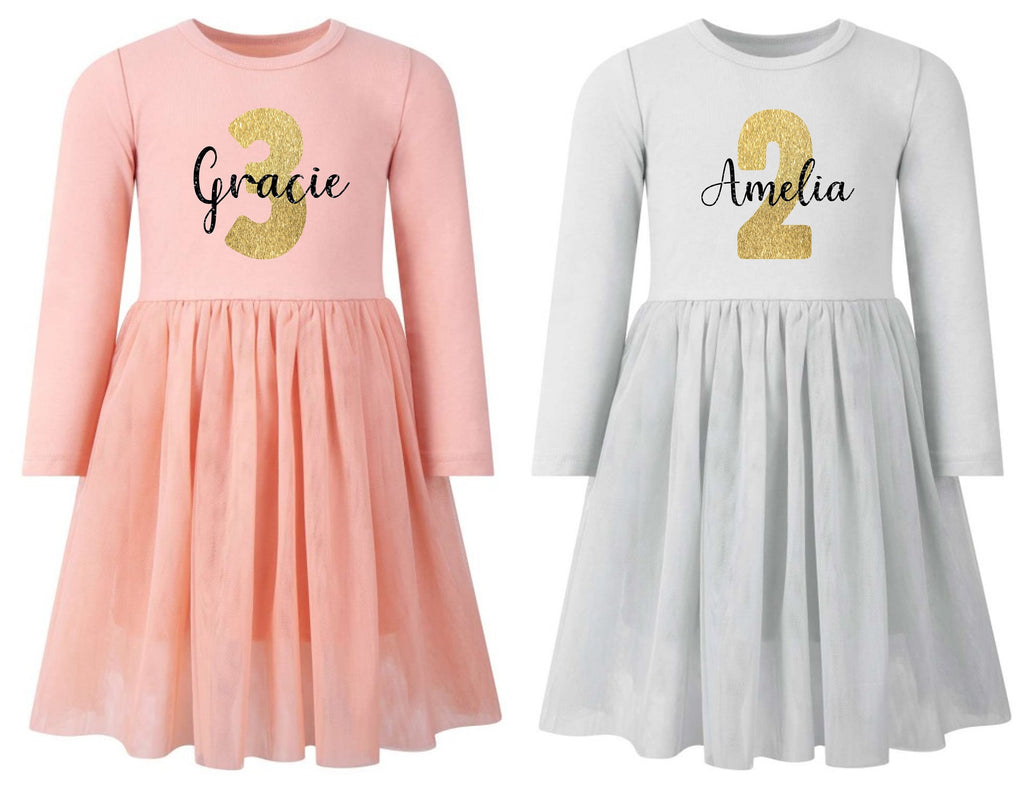 Girls Personalised Name & Age Gold Glitter Birthday Party Tutu Dress
