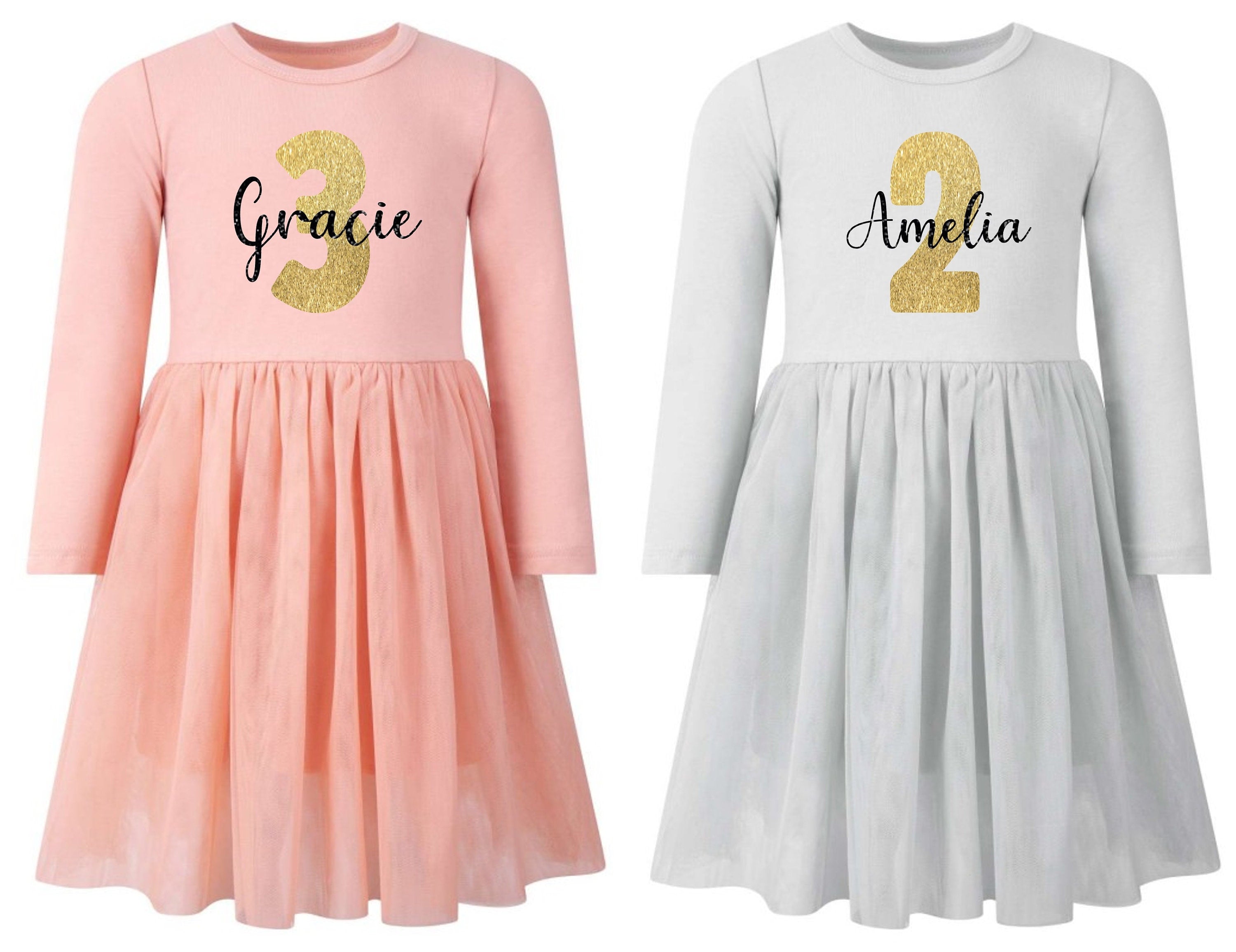 Girls Personalised Name & Age Gold Glitter Birthday Party Tutu Dress
