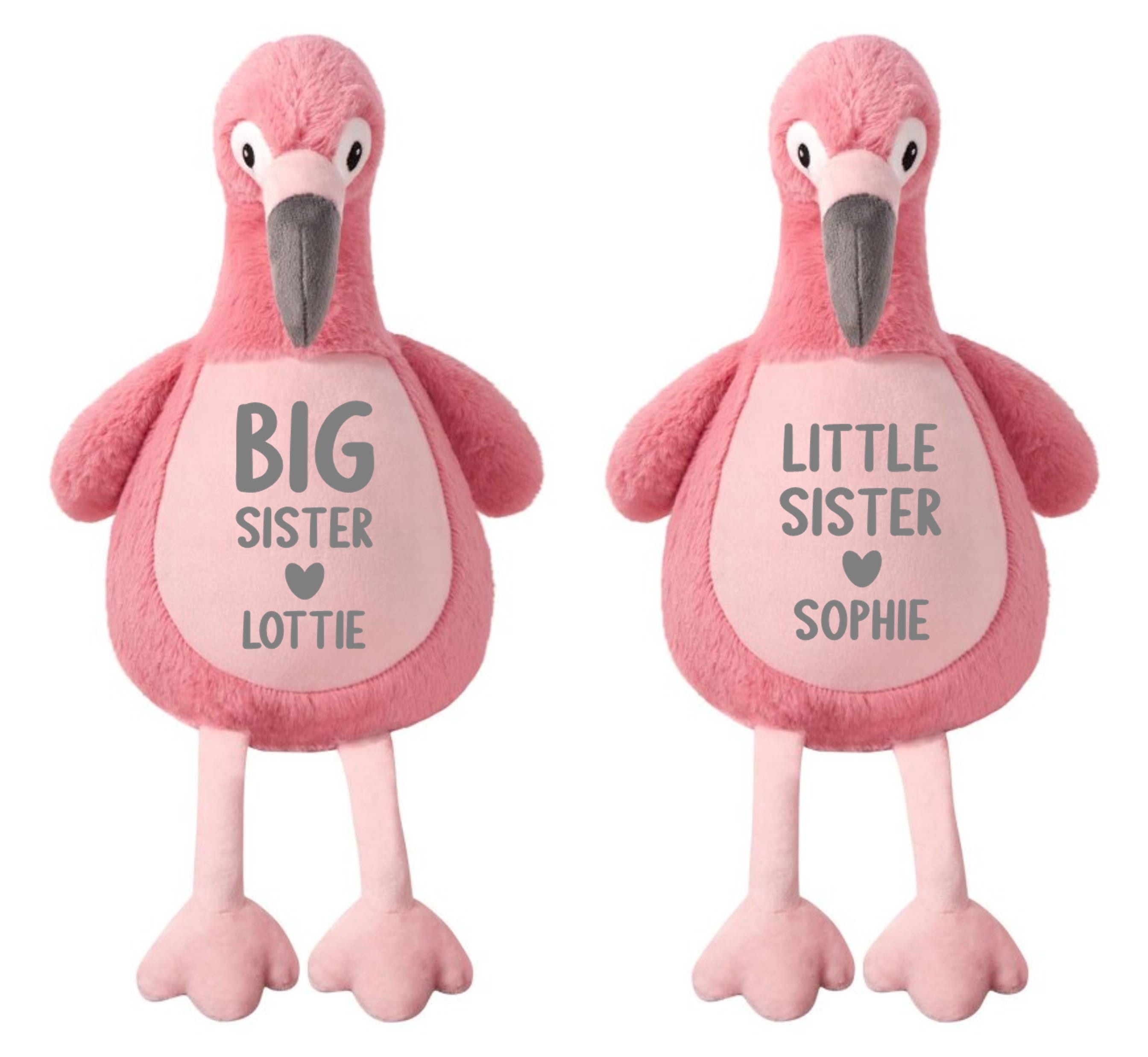 Personalised Name Big & Little Sister Large Plush Pink Flamingo Teddy Cuddly Toys