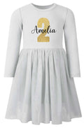 Girls Personalised Name & Age Gold Glitter Birthday Party Tutu Dress