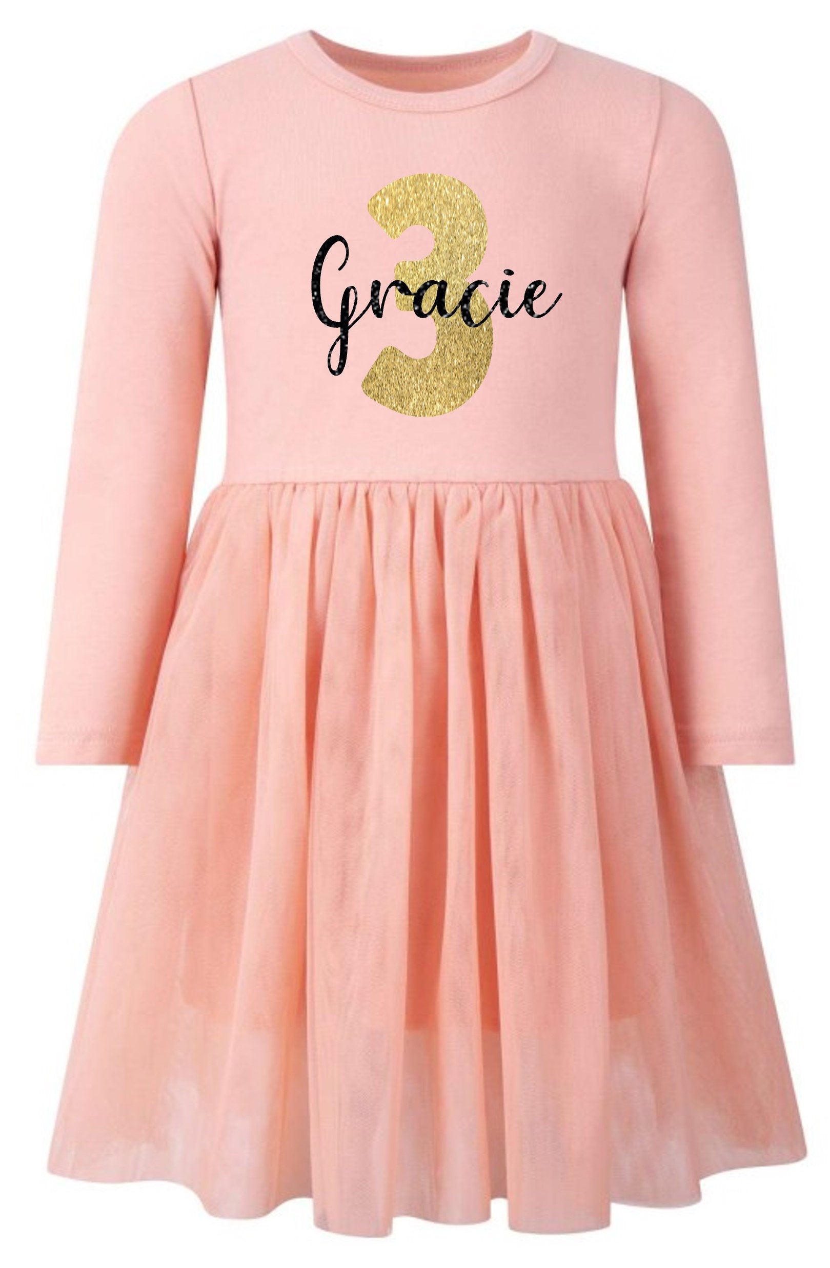 Girls Personalised Name & Age Gold Glitter Birthday Party Tutu Dress