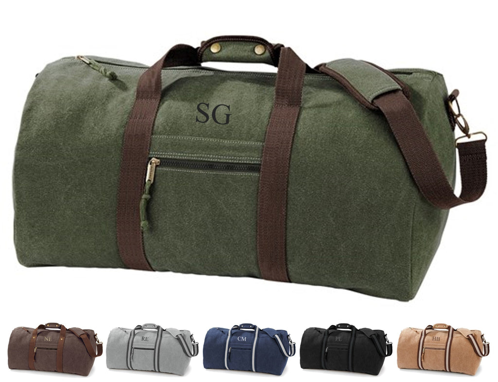 Personalised Initials Monogram Weekend Vintage Canvas Holdall Overnighter Bag