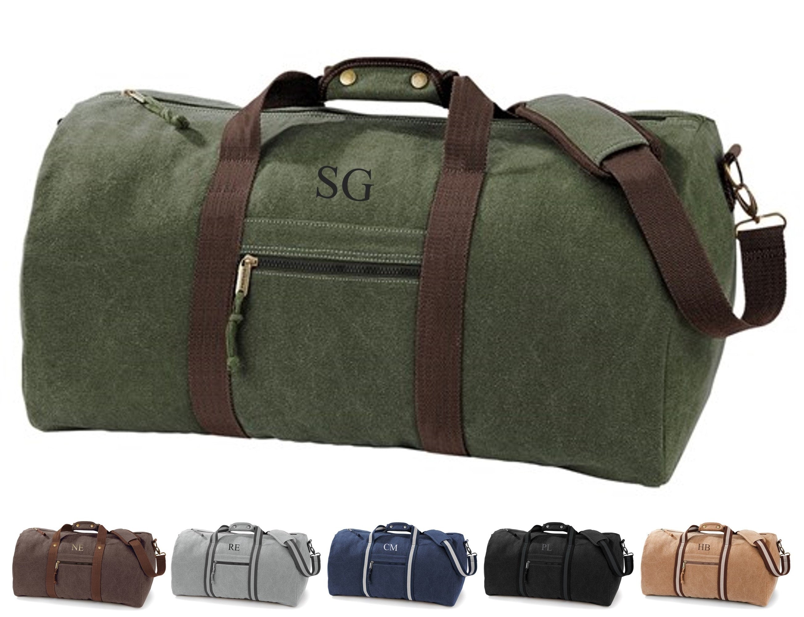 Personalised Initials Monogram Weekend Vintage Canvas Holdall Overnighter Bag
