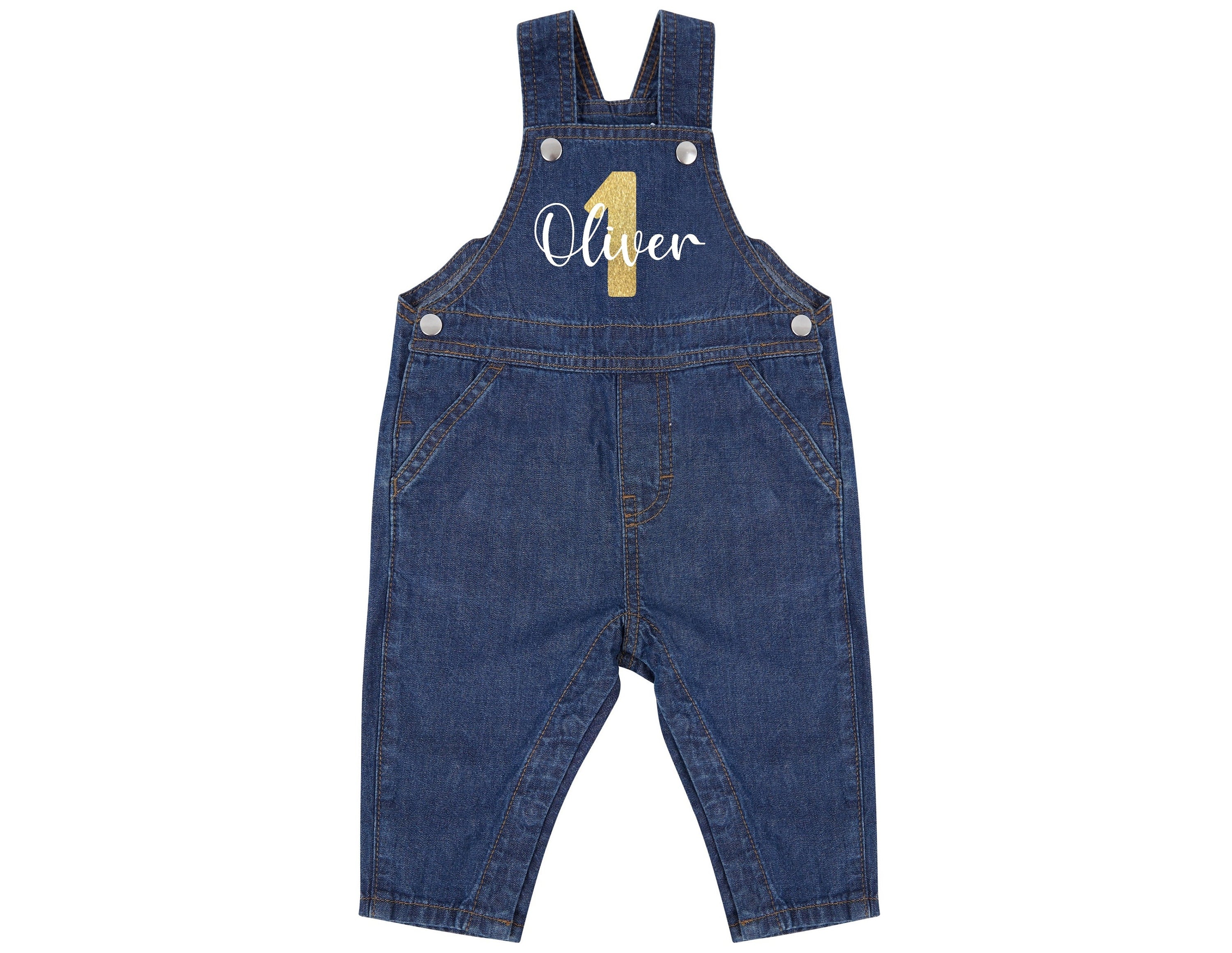 Personalised Name Birthday Age Baby & Toddler Cotton Denim Dungarees