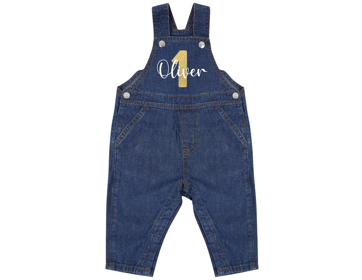 Personalised Name Birthday Age Baby & Toddler Cotton Denim Dungarees
