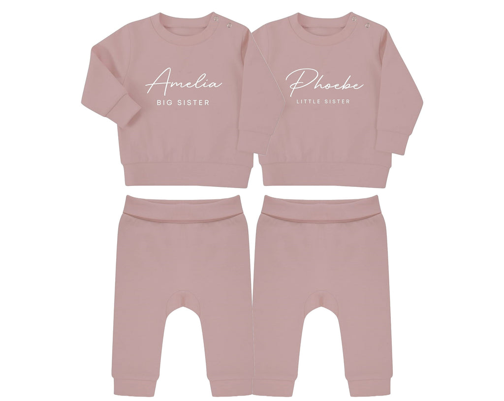 Personalised Name Big & Little Sister Baby Toddler Sustainable Sweatshirt and Joggers Set Matching Outfits