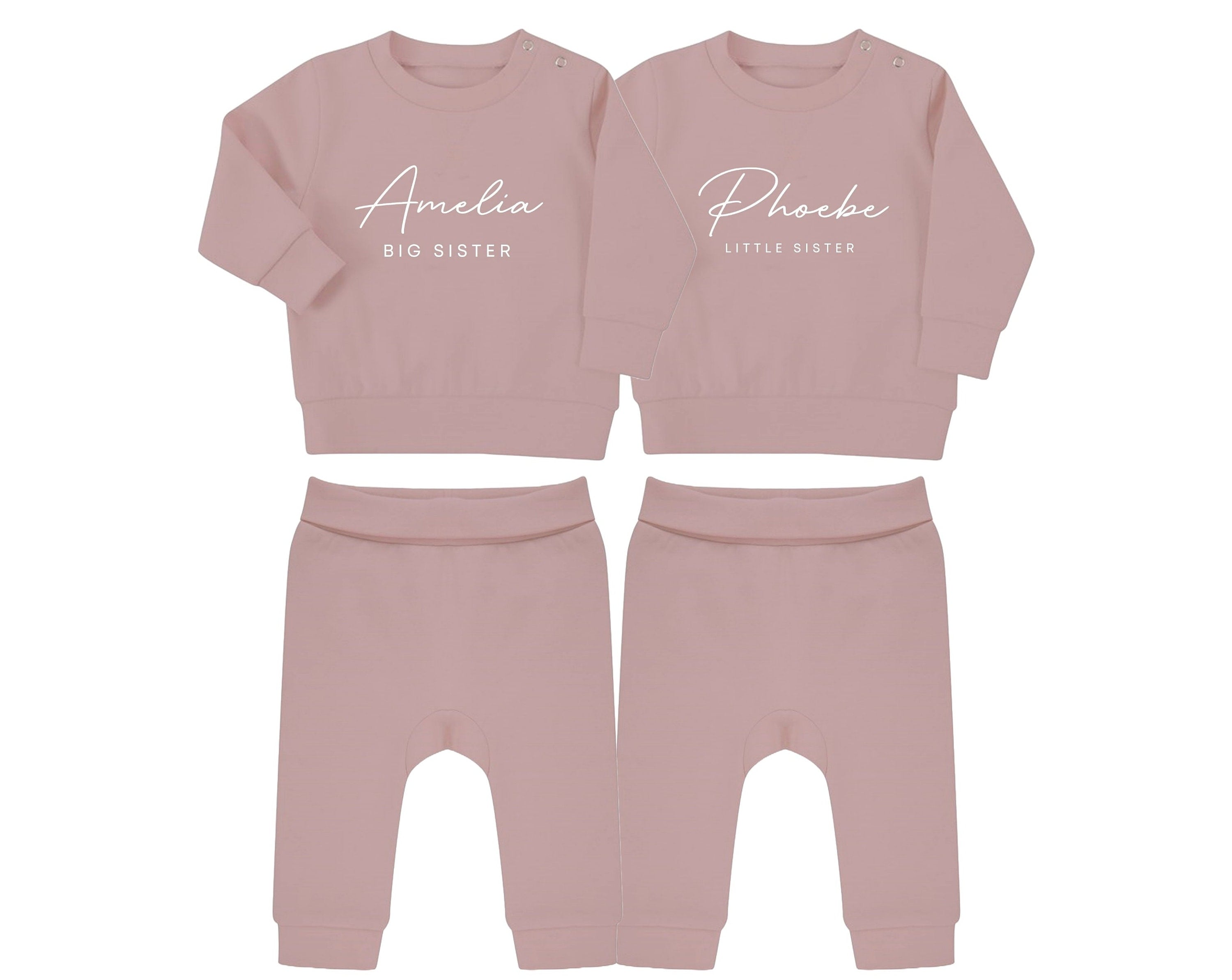 Personalised Name Big & Little Sister Baby Toddler Sustainable Sweatshirt and Joggers Set Matching Outfits