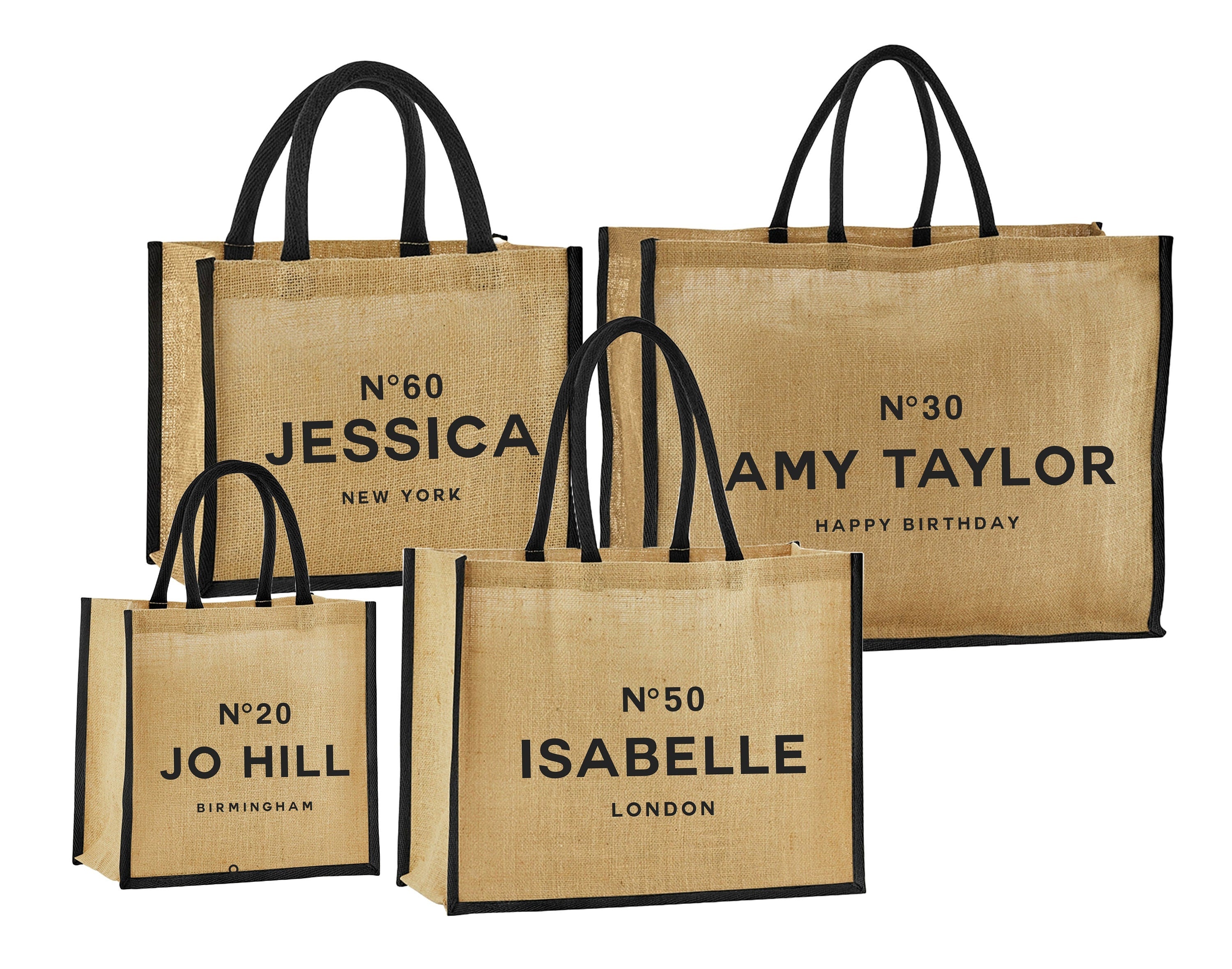 Personalised Birthday Gift Jute Bags Name Age Travel Celebration Tote 21st 30th 40th 50th 60th