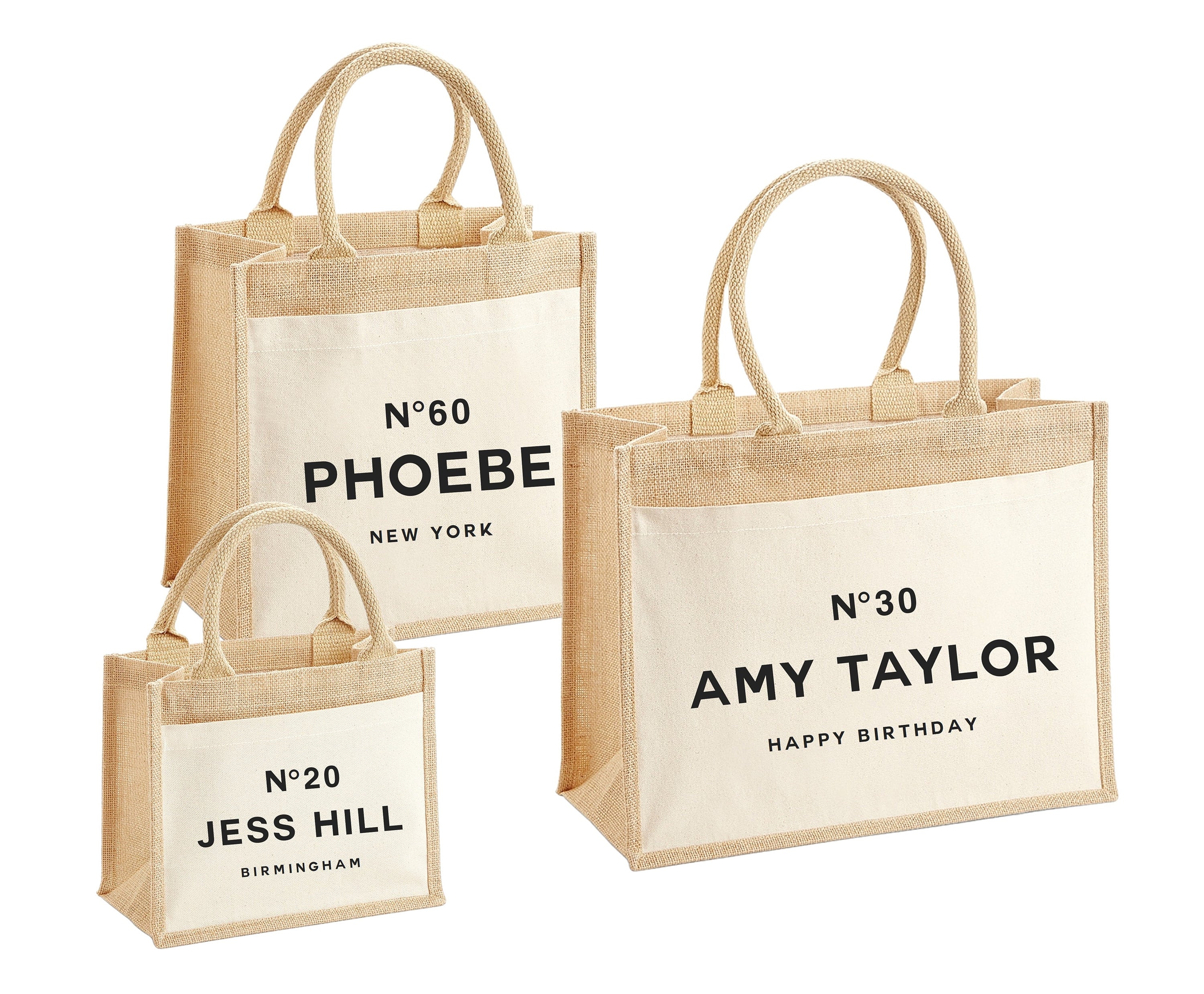 Personalised Birthday Gift Jute Bags Name Age Travel Celebration Tote 21st 30th 40th 50th 60th