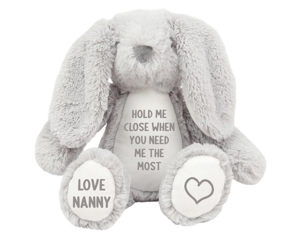 Personalised Hold Me Close Keepsake Gift Grey Bunny Rabbit Plush Teddy Cuddly Toy