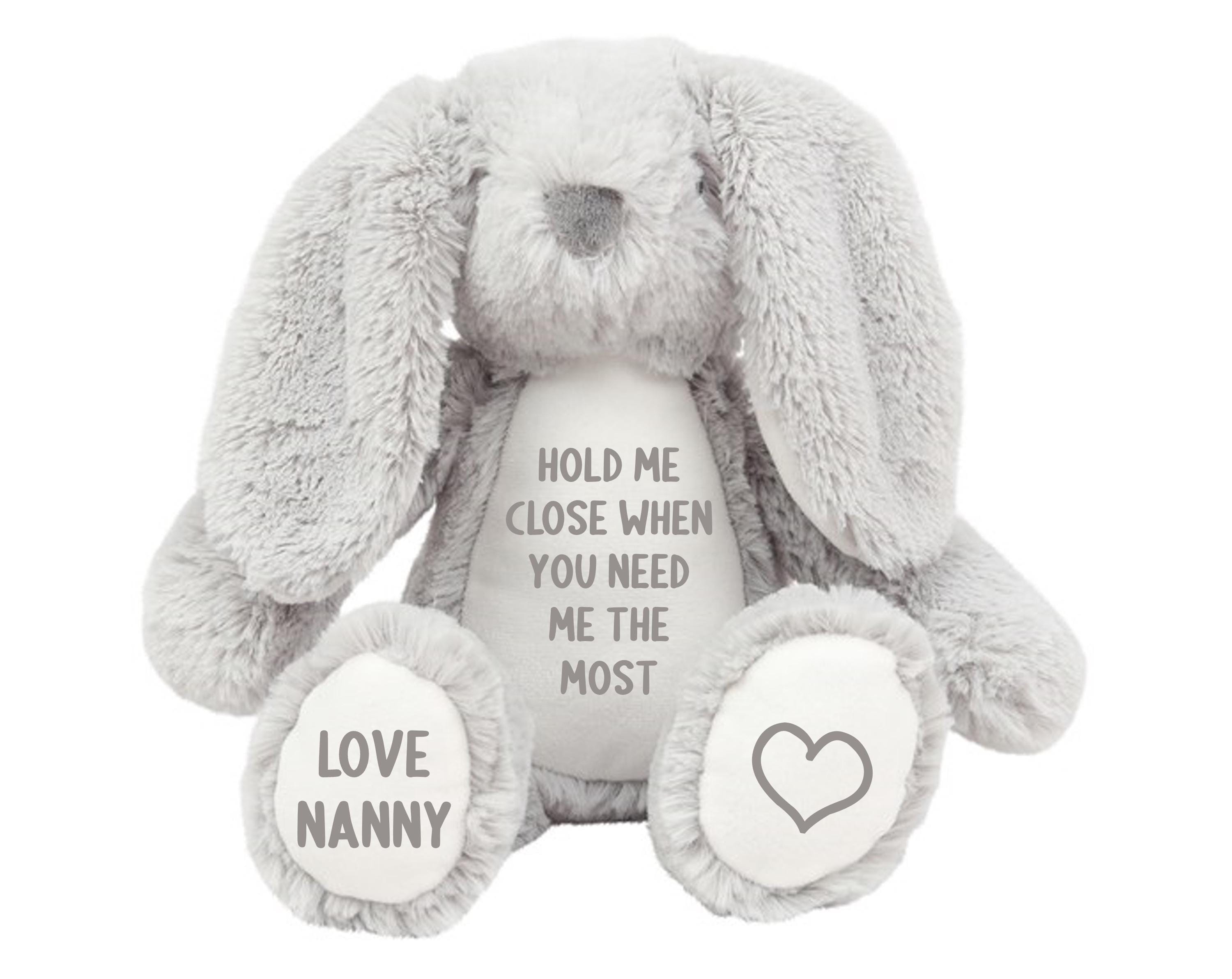 Personalised Hold Me Close Keepsake Gift Grey Bunny Rabbit Plush Teddy Cuddly Toy