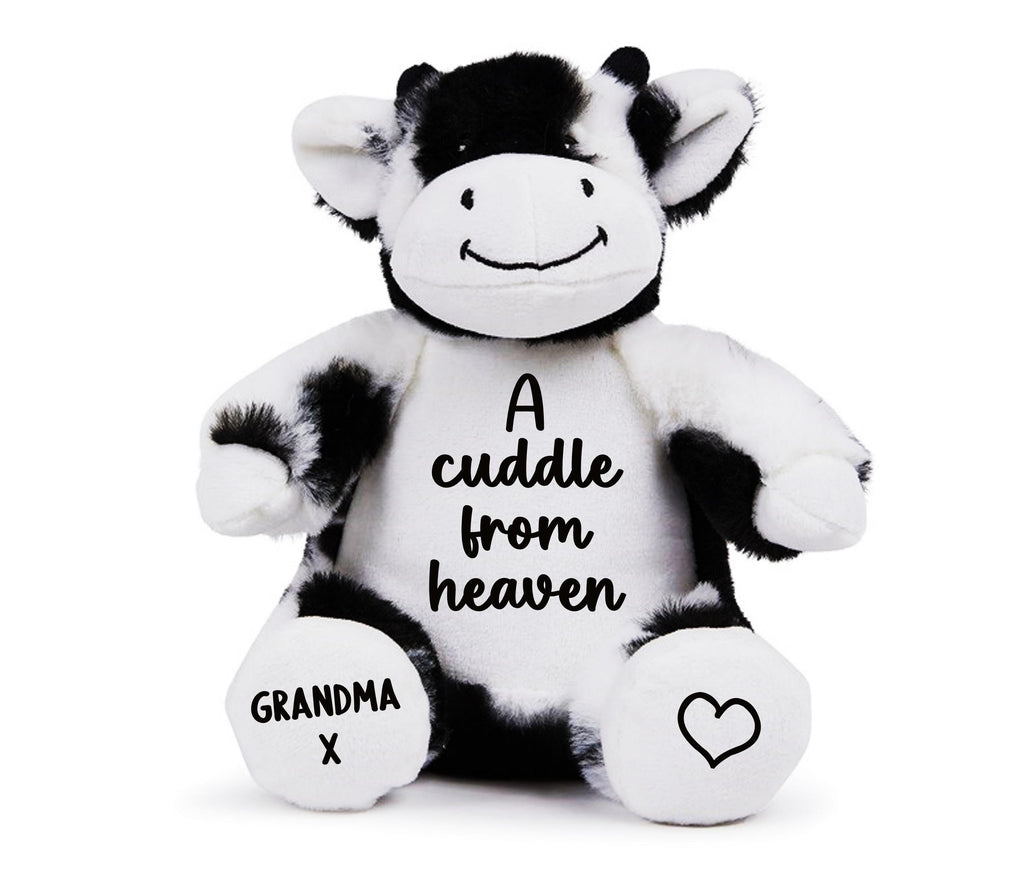 Personalised A Cuddle From Heaven Keepsake Memory Gift Black & White Cow Plush Teddy Bear Cuddly Toy