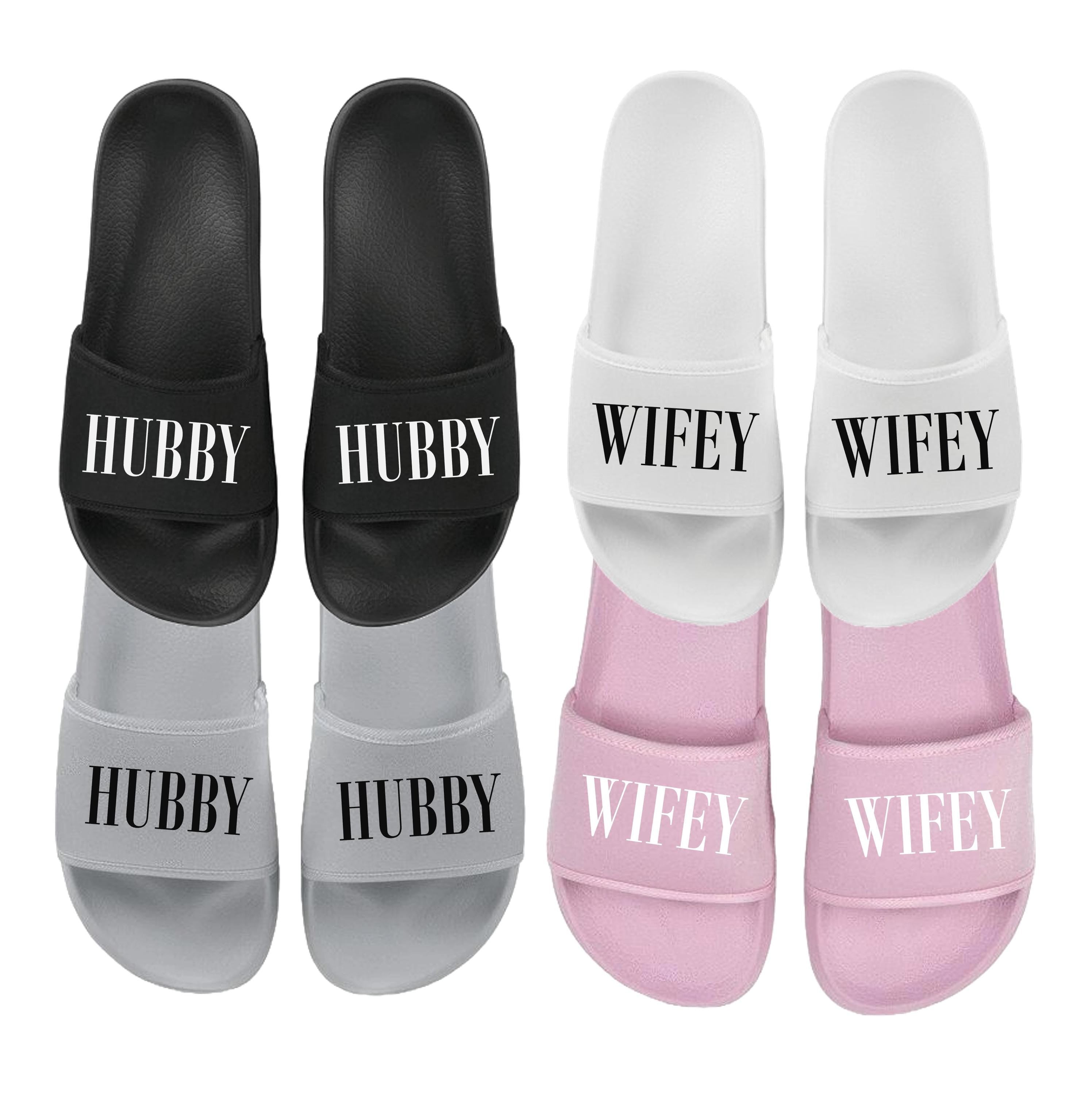 HUBBY & WIFEY Matching Sliders Newlyweds Honeymoon Slippers Gift