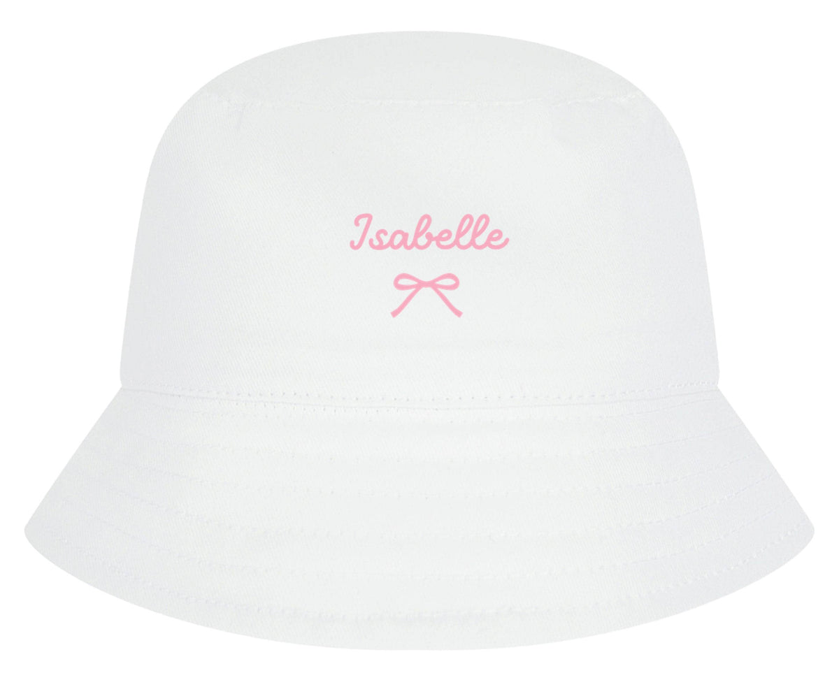 Girls Personalised Name Cotton Bucket Summer Sun Hat Cute Pink Bow Baby, Toddler, Kids