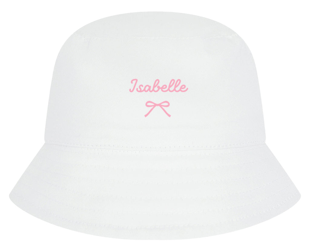 Girls Personalised Name Cotton Bucket Summer Sun Hat Cute Pink Bow Baby, Toddler, Kids