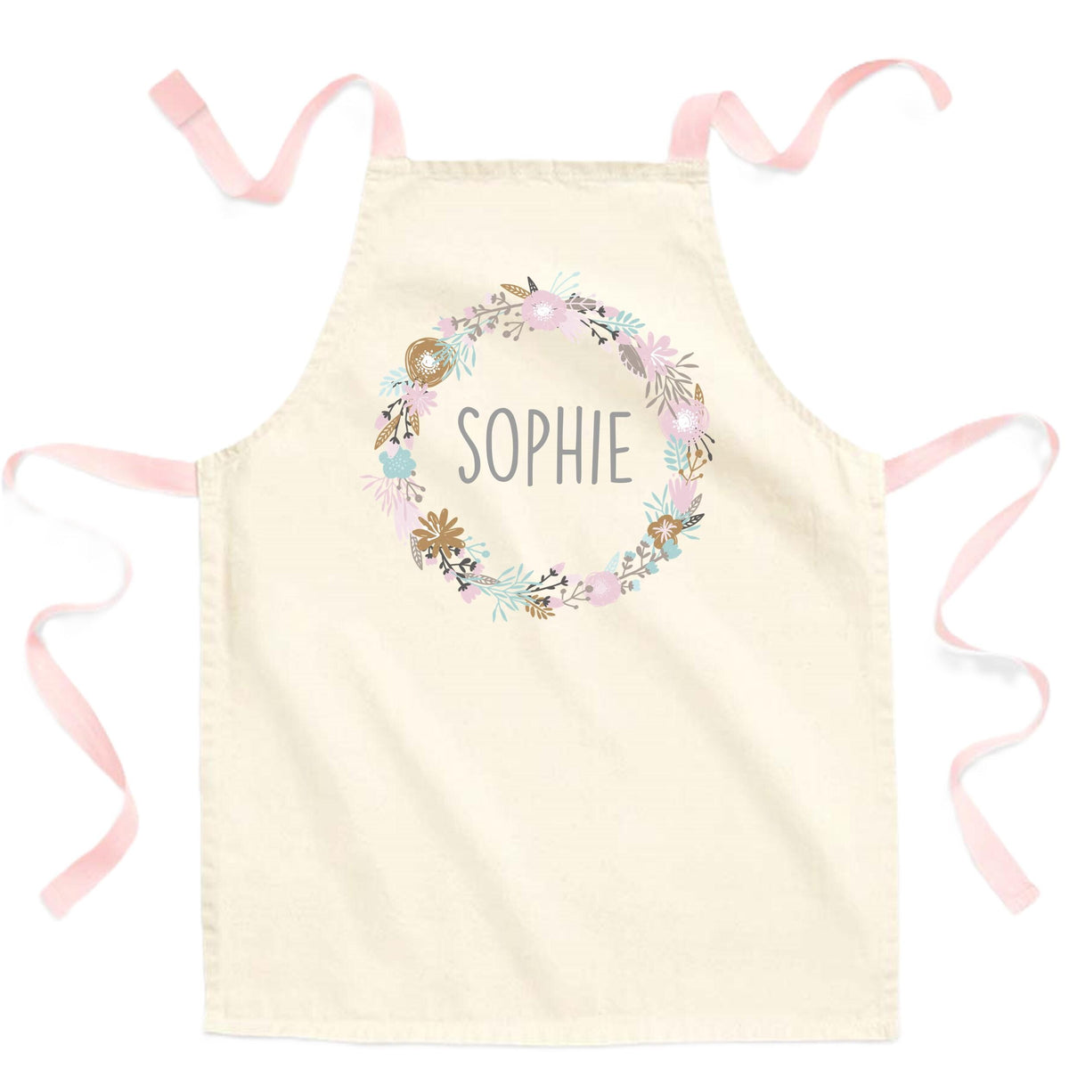 Girls Personalised Name Pink Wreath Craft Apron Fairtrade Cotton Kitchen Baking Gift